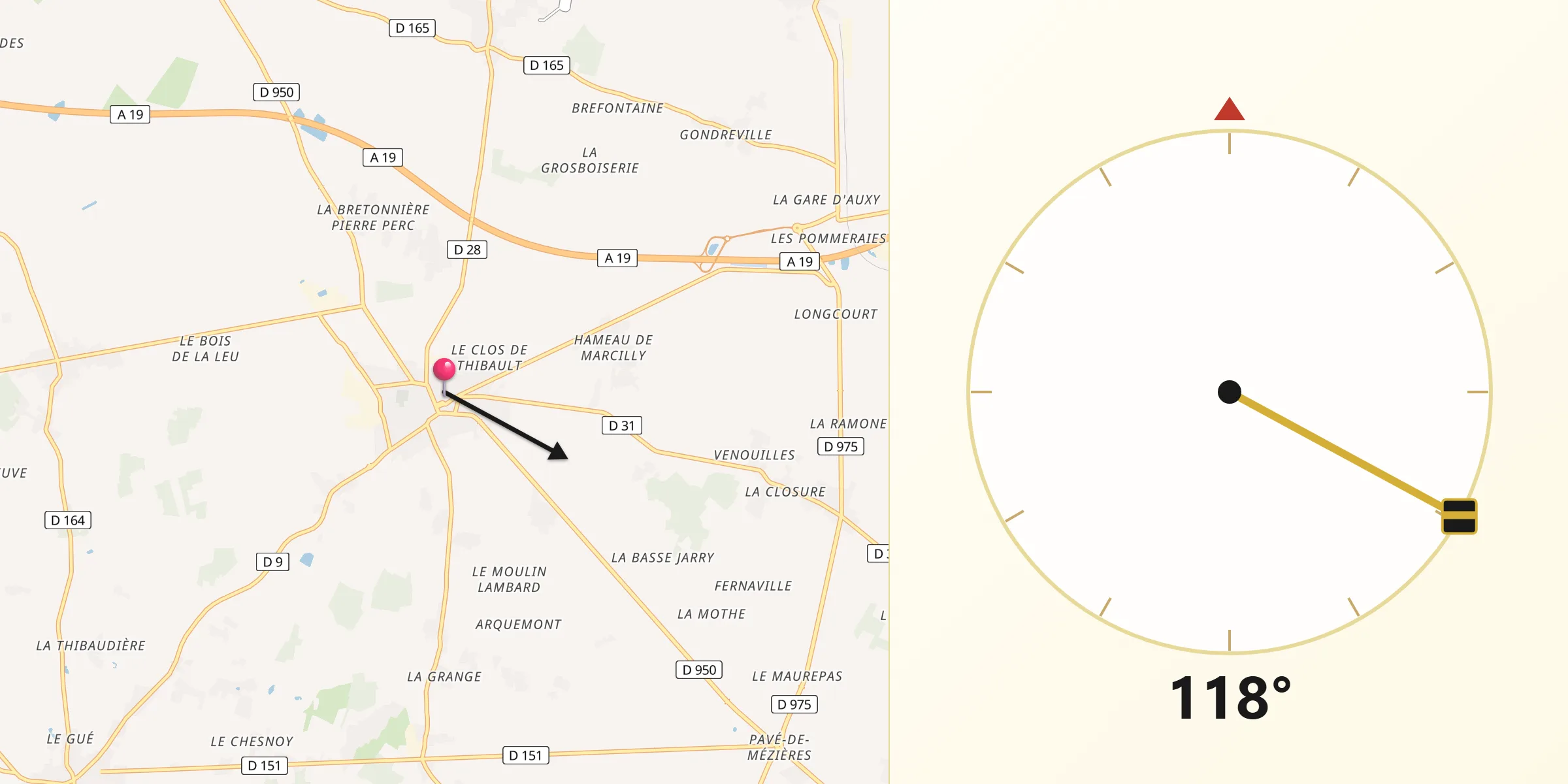 Direction vers la Qibla depuis Beaune-la-Rolande