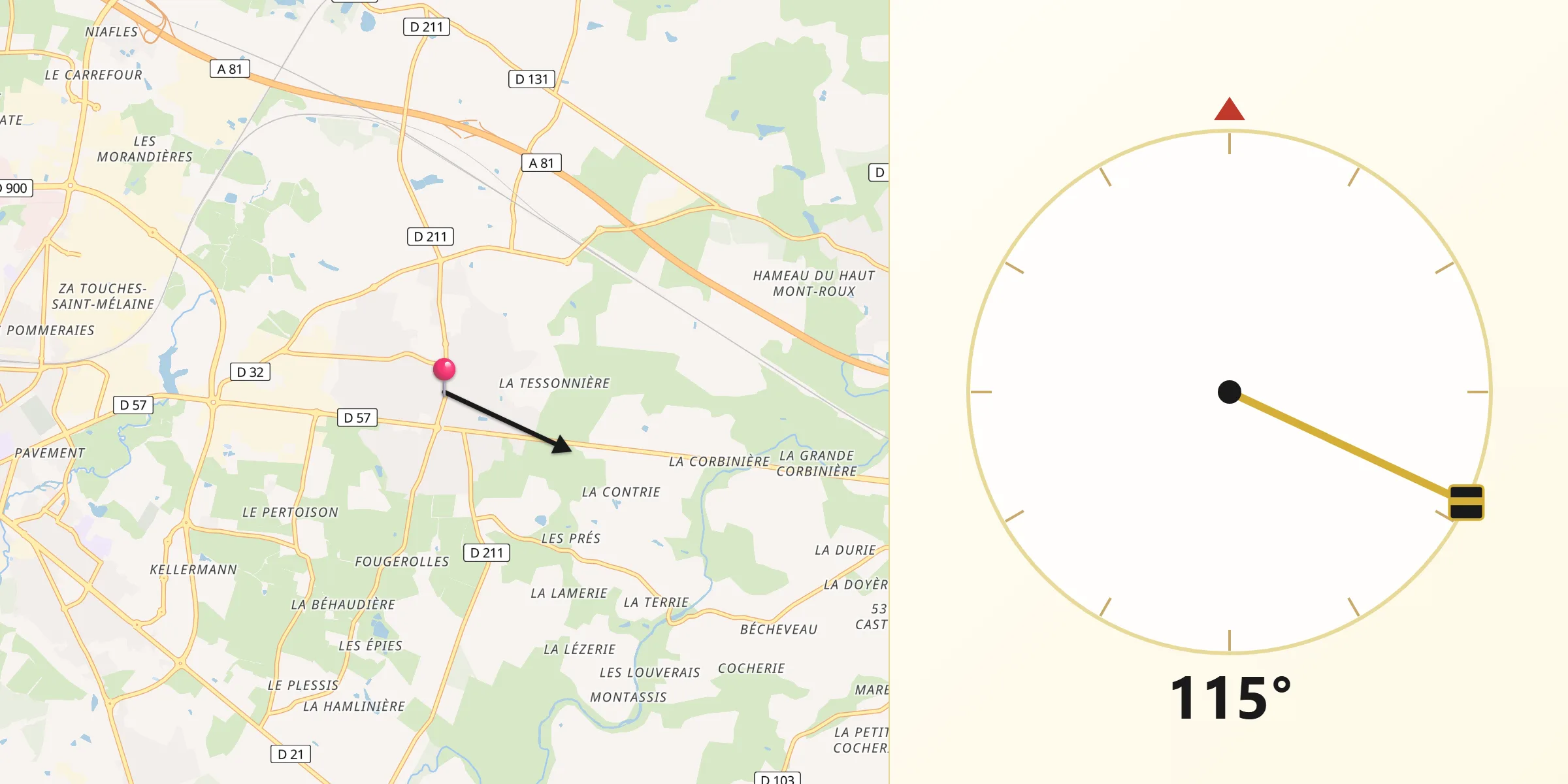 Direction vers la Qibla depuis Bonchamp-lès-Laval