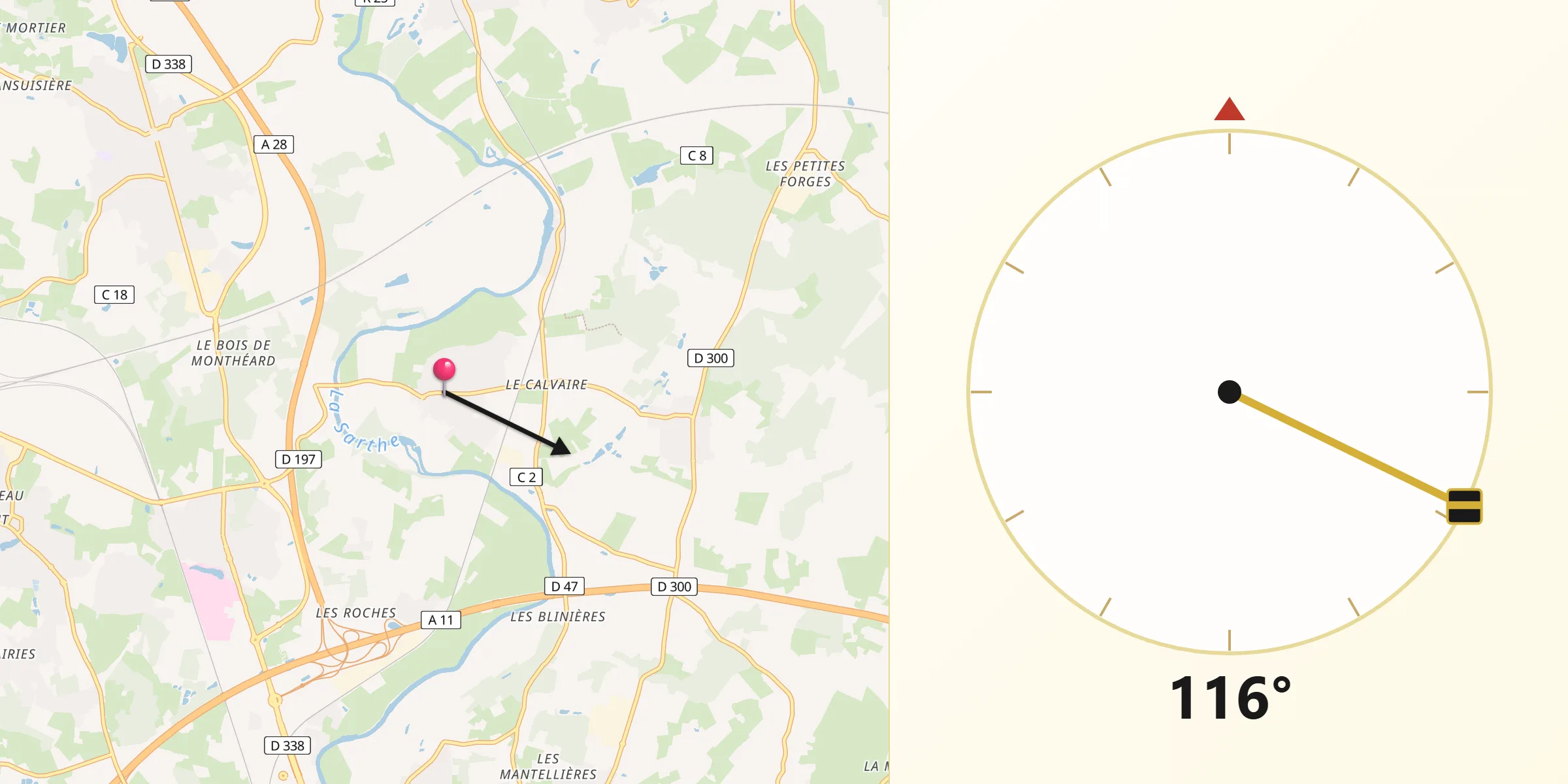Direction vers la Qibla depuis Neuville-sur-Sarthe