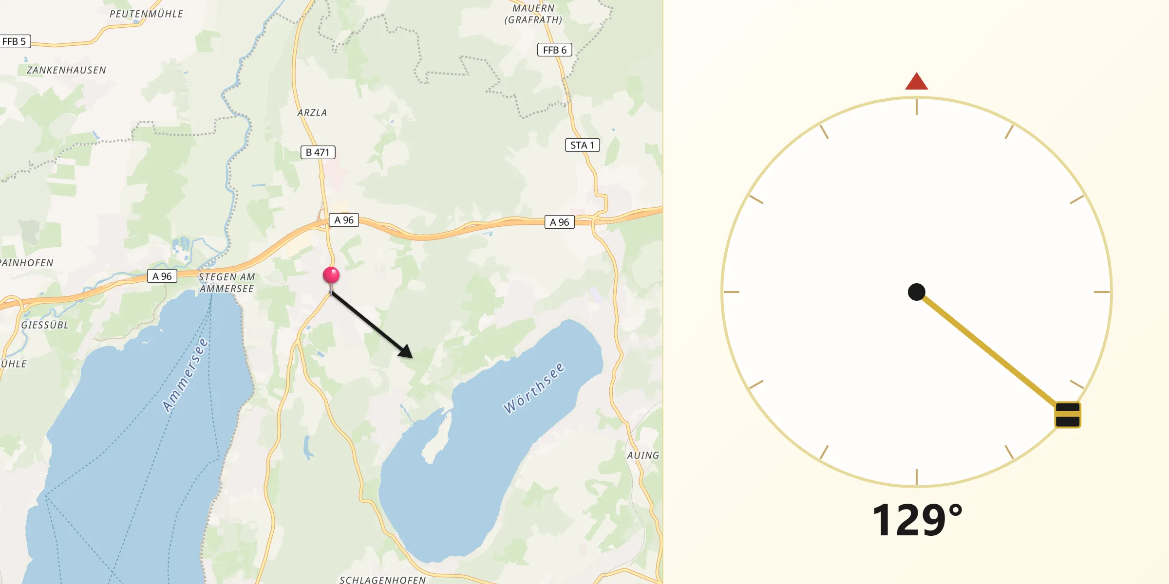 Qibla-Richtung von Inning am Ammersee