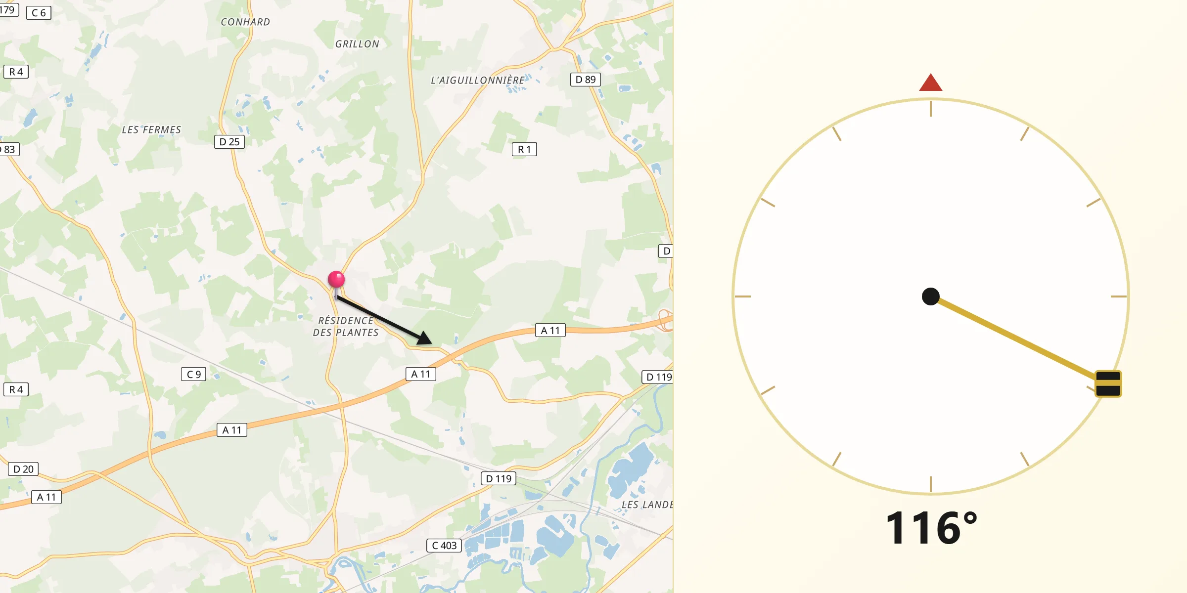 Direction vers la Qibla depuis Lombron