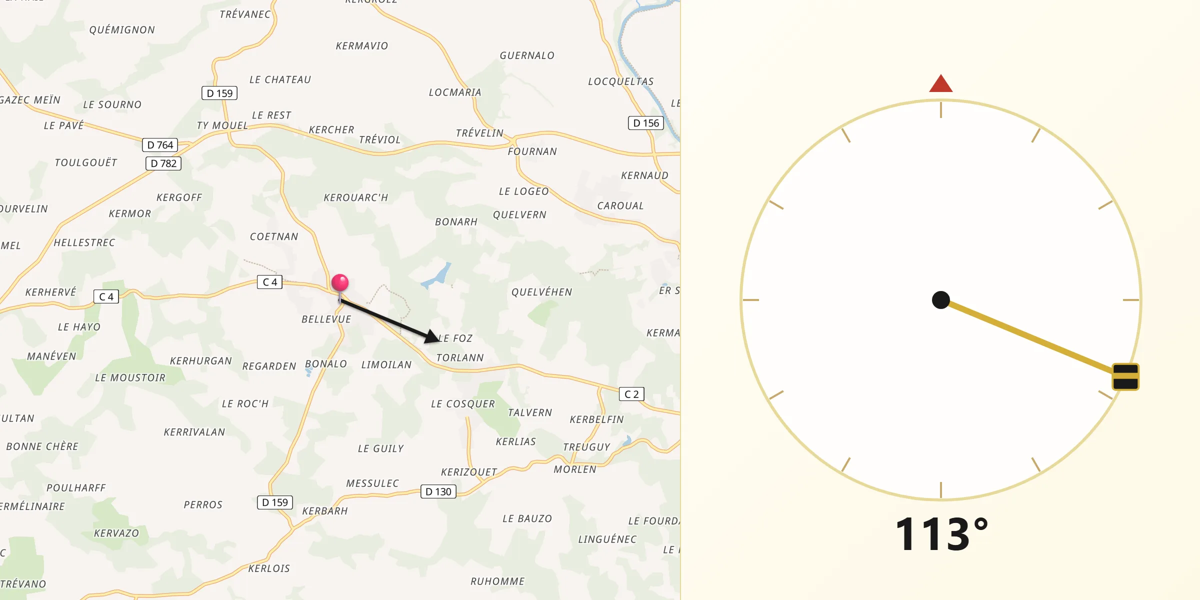 Direction vers la Qibla depuis Malguénac