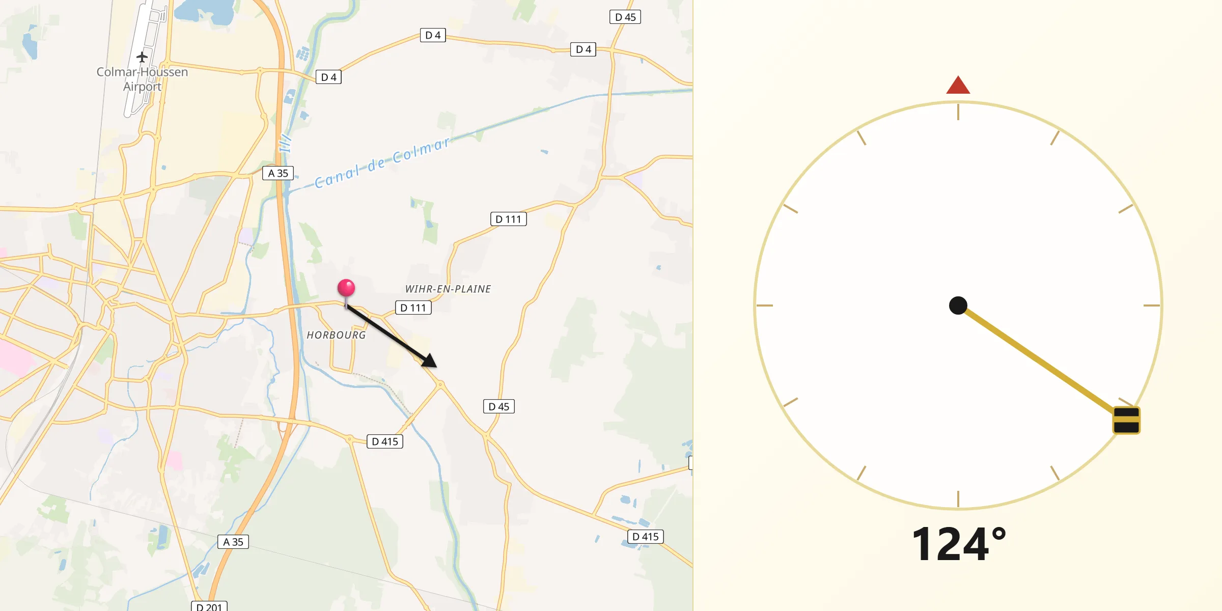 Direction vers la Qibla depuis Horbourg-Wihr
