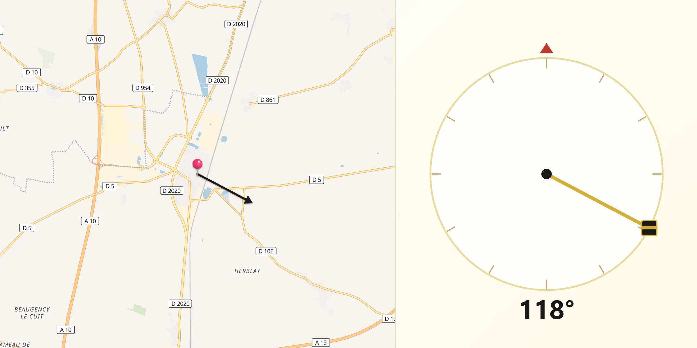 Direction vers la Qibla depuis Artenay