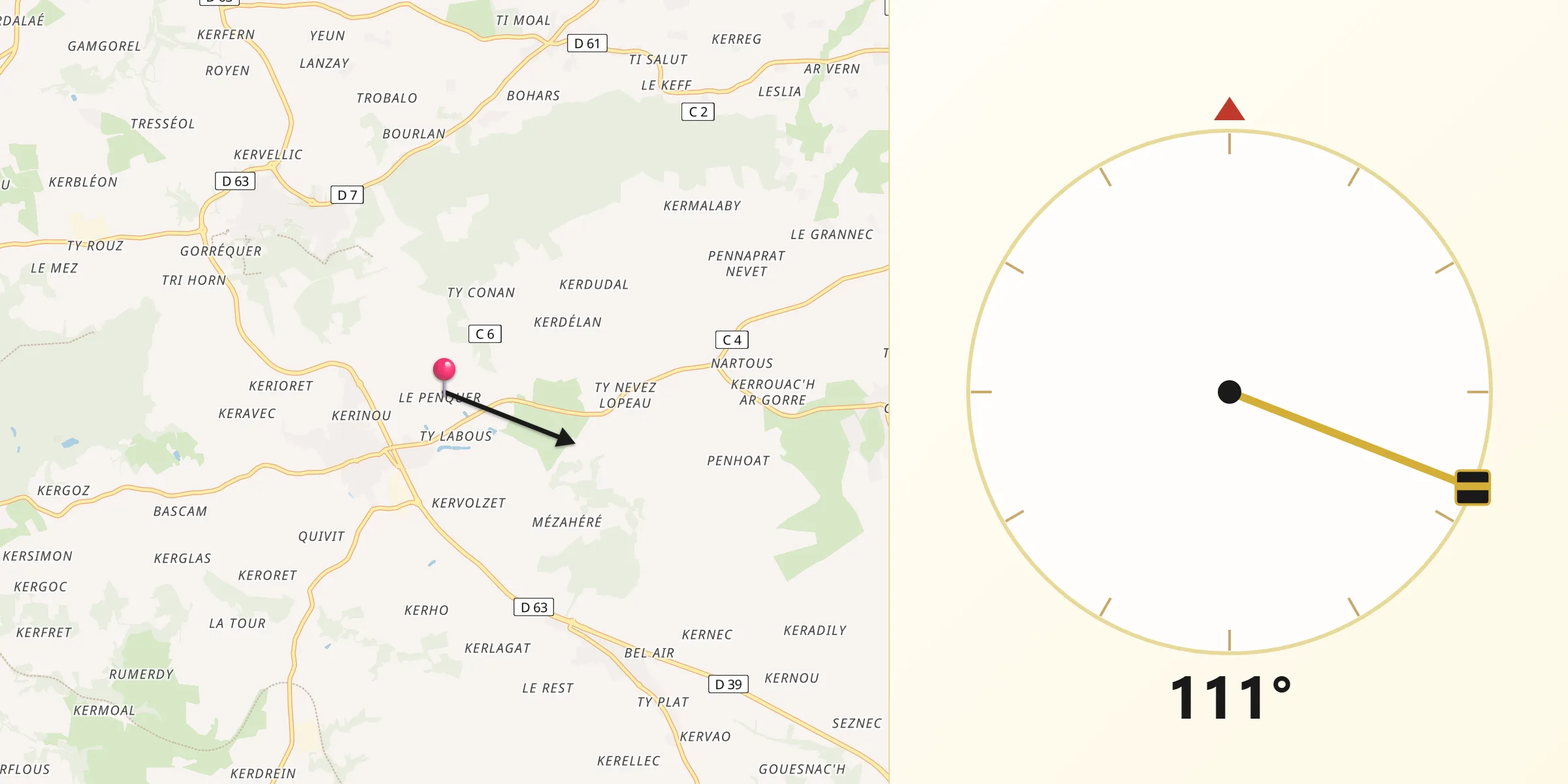 Direction vers la Qibla depuis Plogonnec