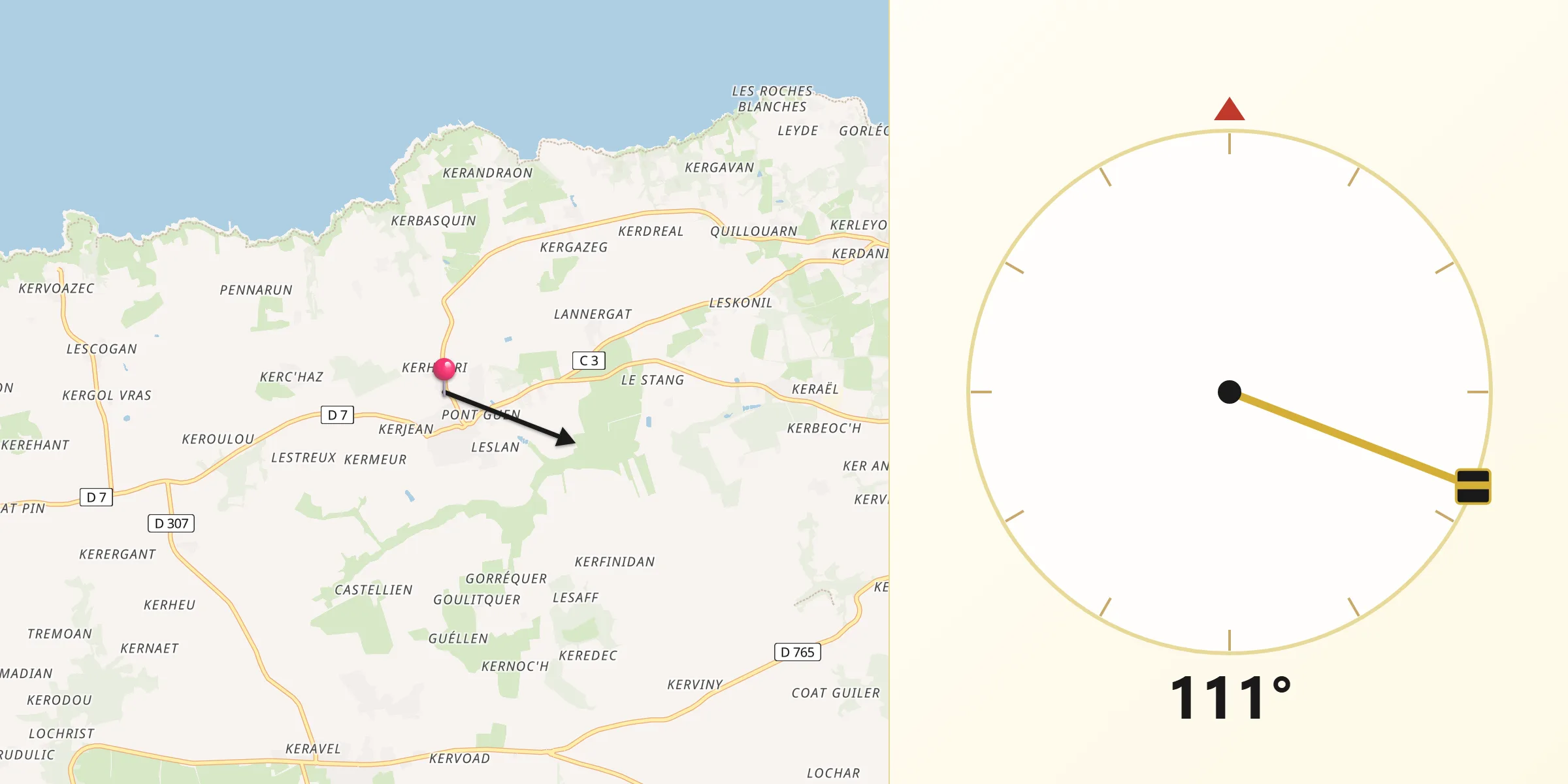 Direction vers la Qibla depuis Poullan-sur-Mer