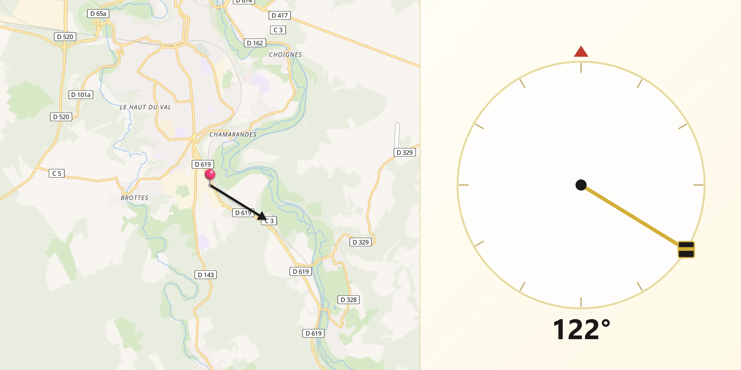 Direction vers la Qibla depuis Chamarandes-Choignes