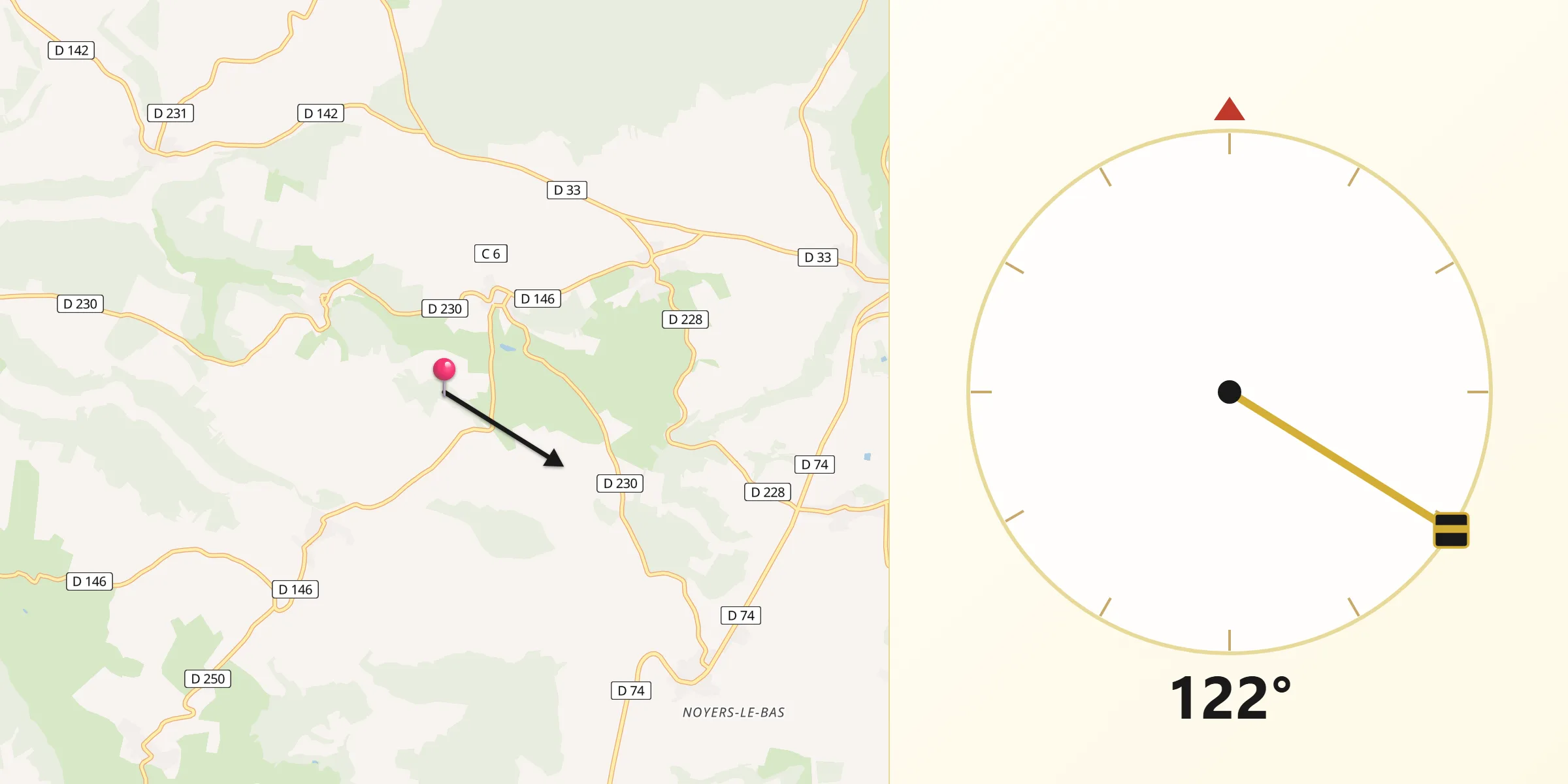 Direction vers la Qibla depuis Breuvannes-en-Bassigny