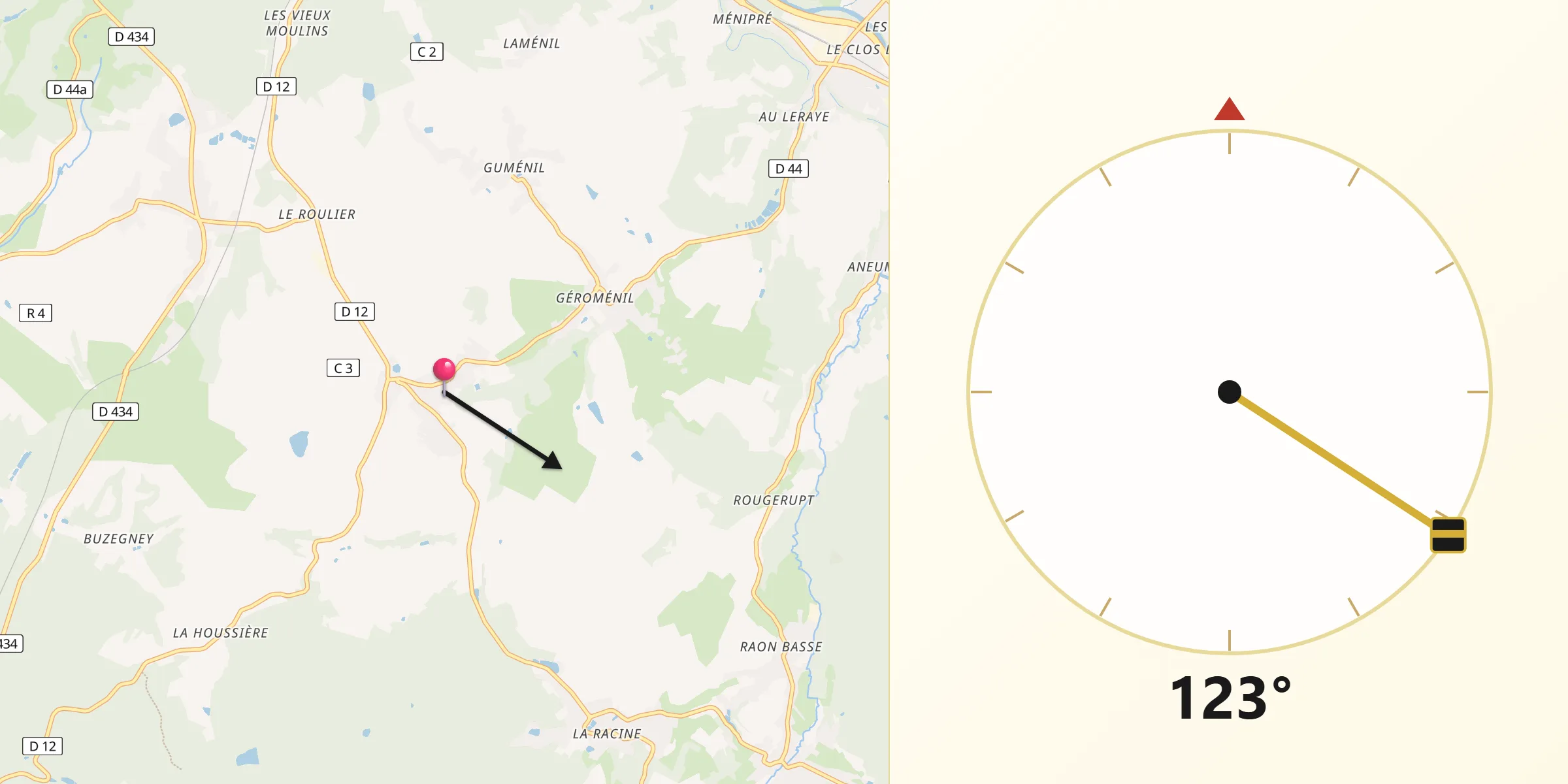 Direction vers la Qibla depuis Hadol