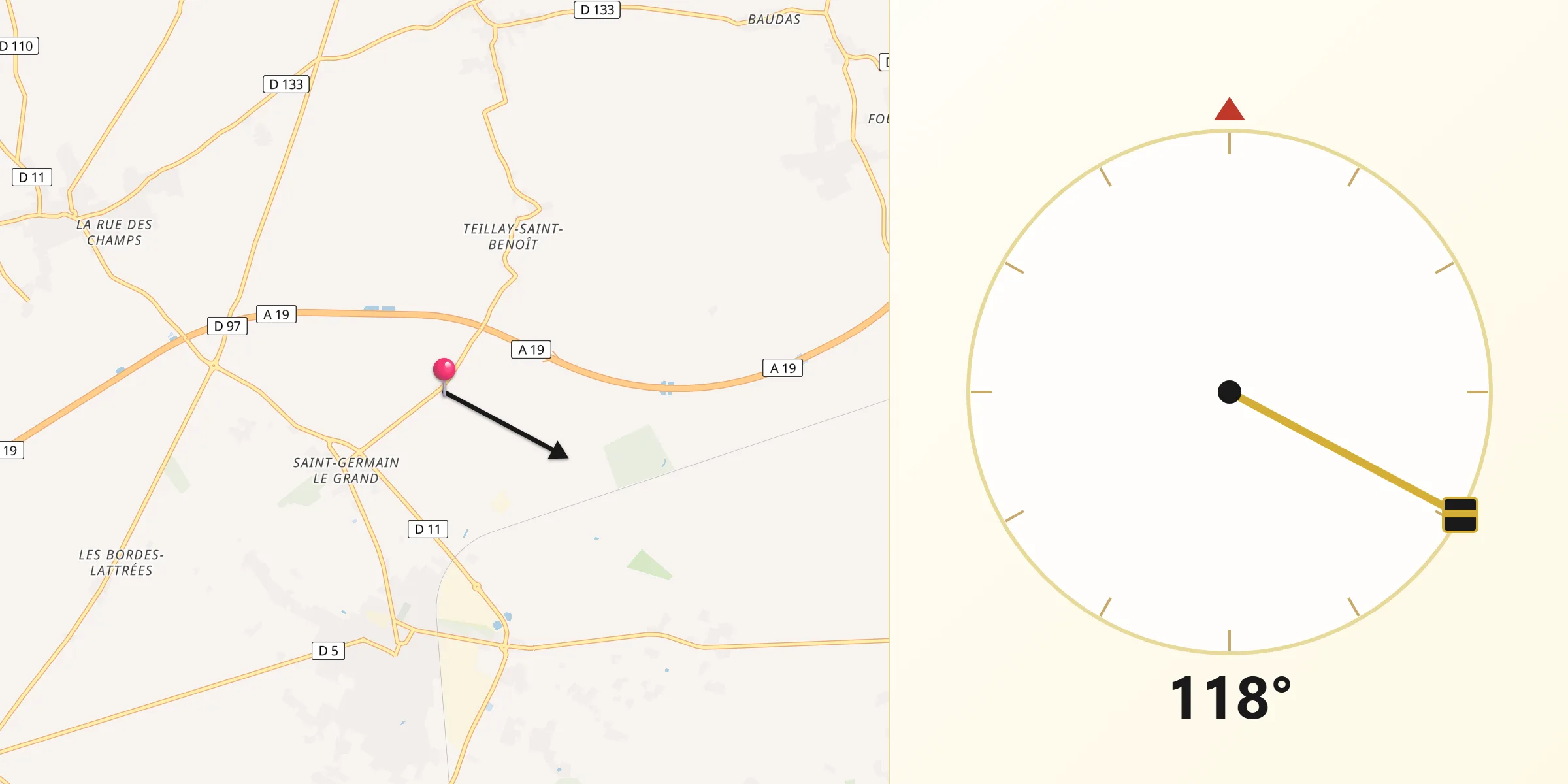 Direction vers la Qibla depuis Puiseaux