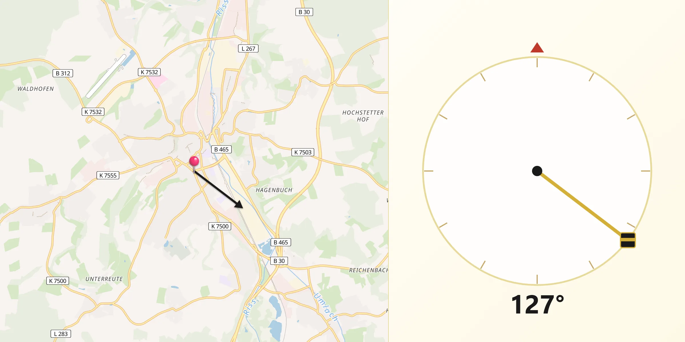 Qibla-Richtung von Biberach an der Riß