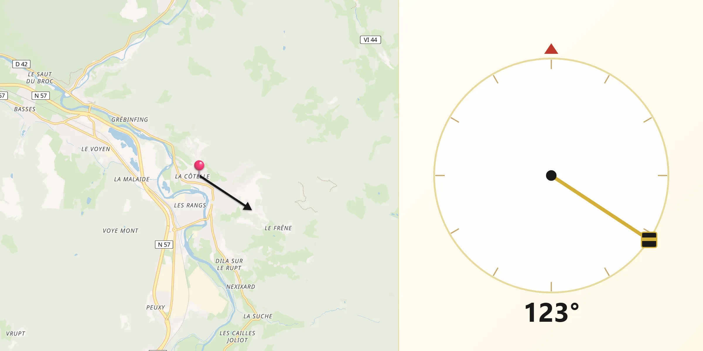 Direction vers la Qibla depuis Éloyes