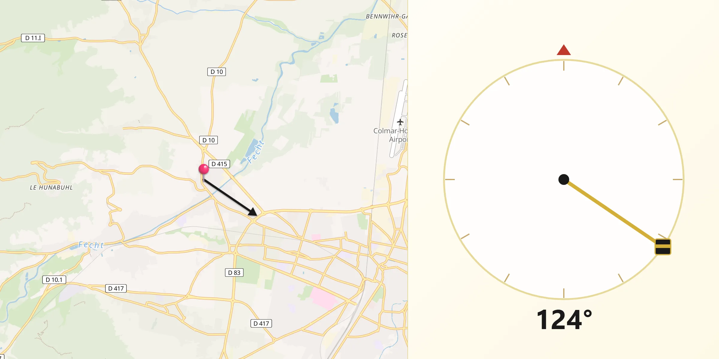 Direction vers la Qibla depuis Ingersheim