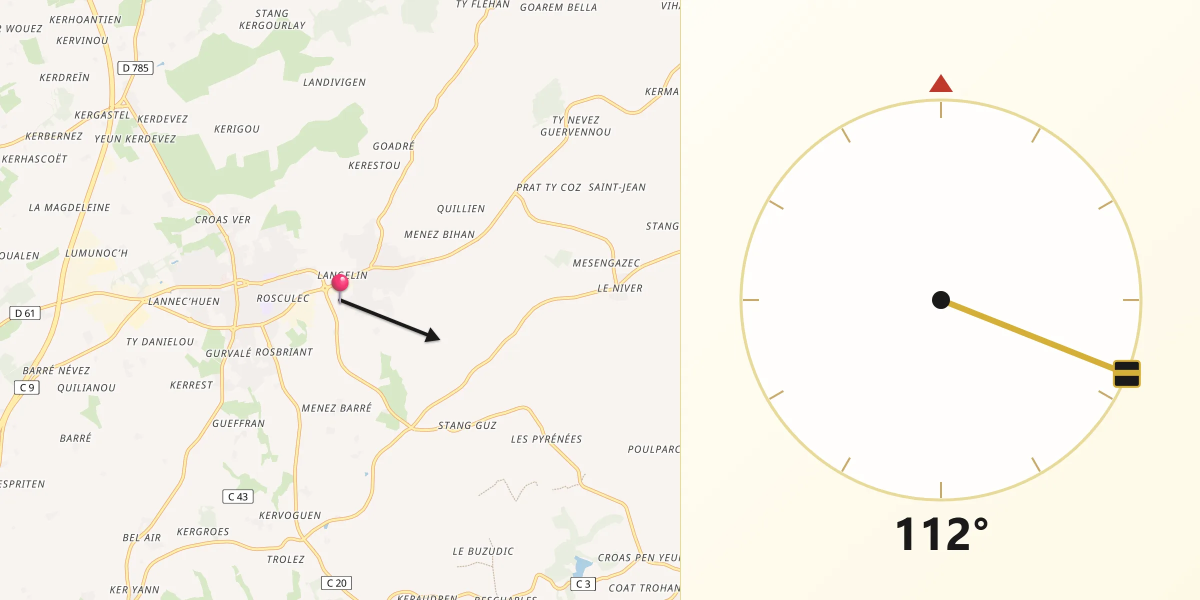 Direction vers la Qibla depuis Edern