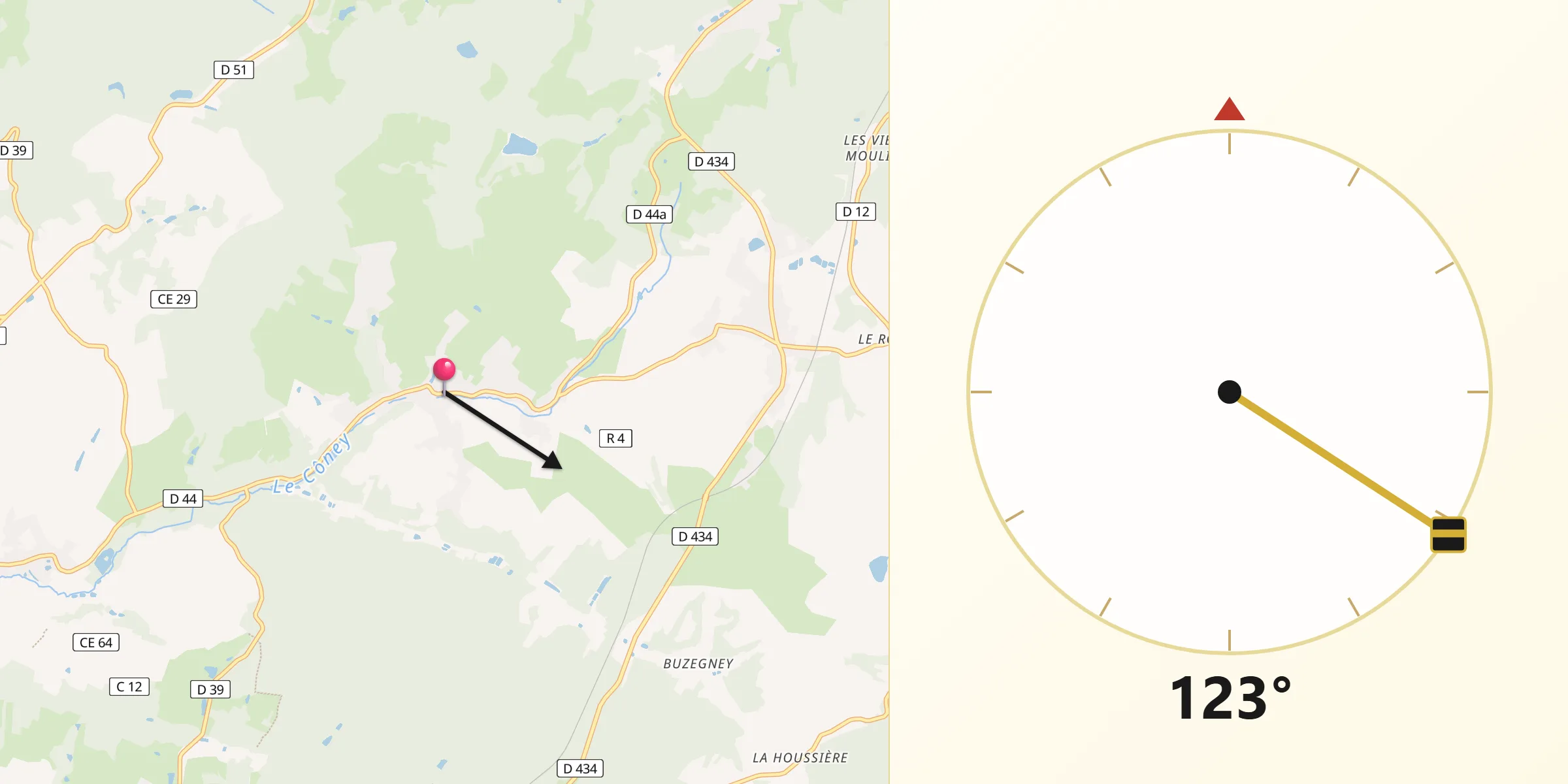 Direction vers la Qibla depuis Uriménil