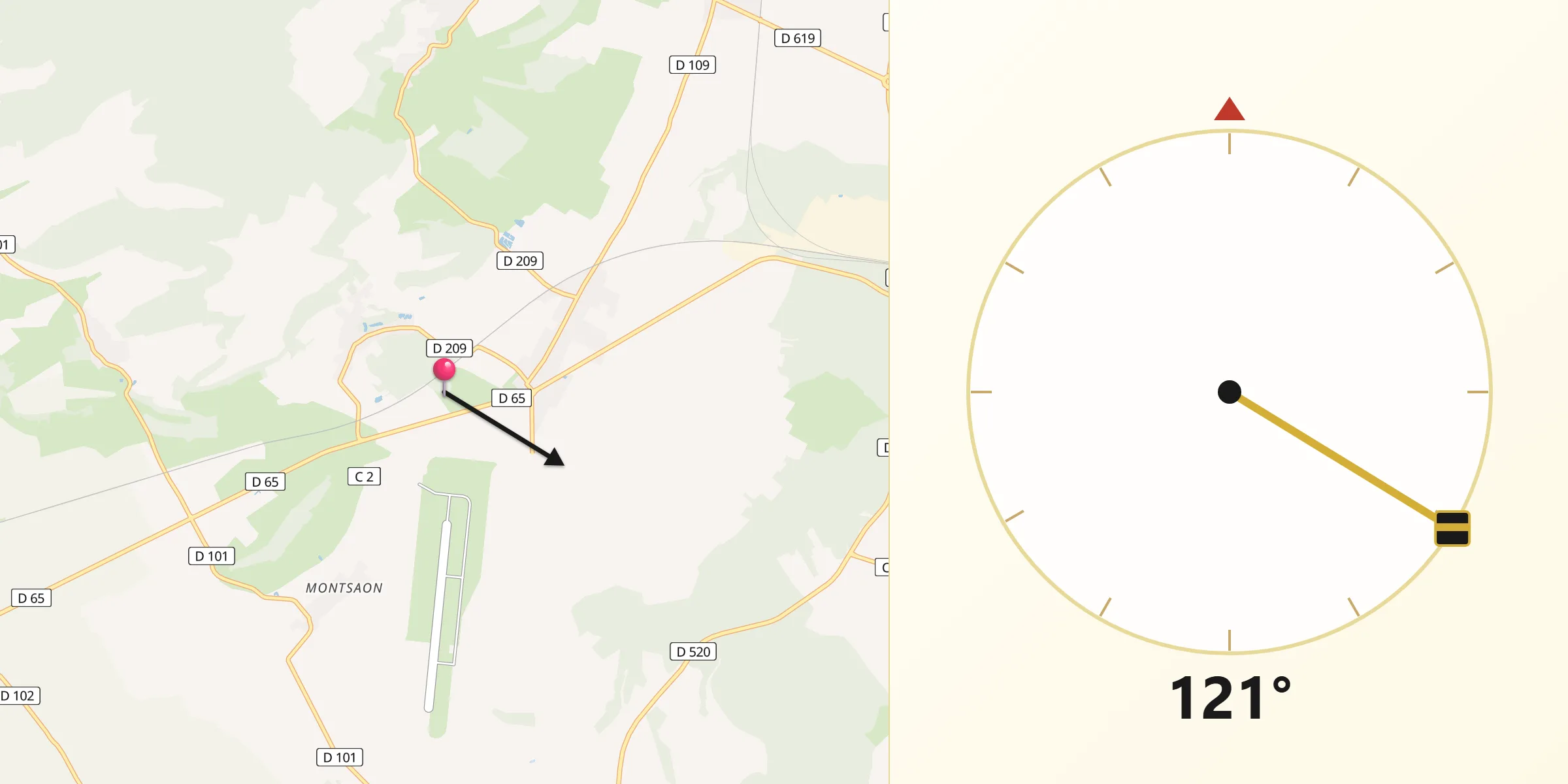 Direction vers la Qibla depuis Villiers-le-Sec