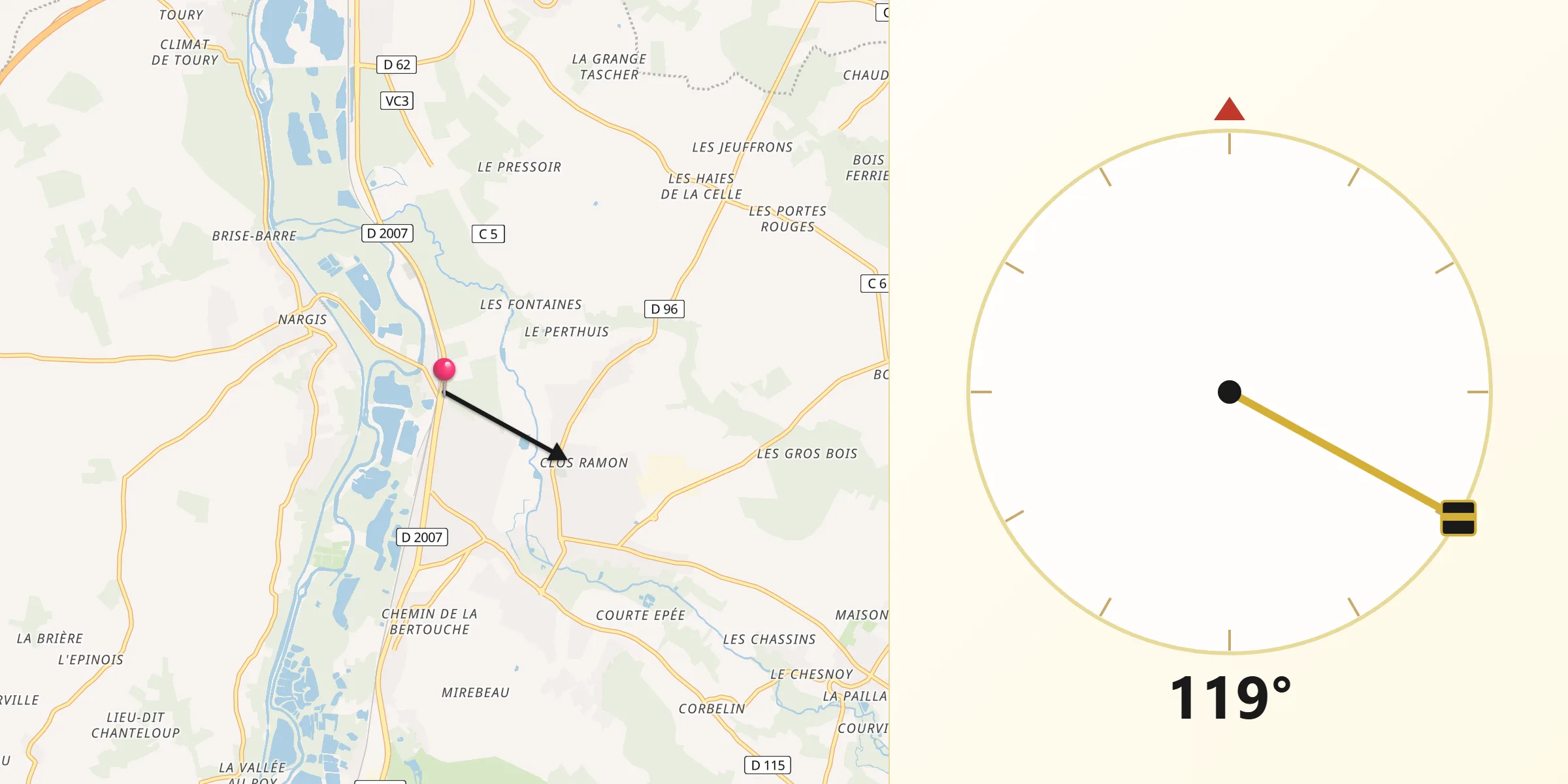 Direction vers la Qibla depuis Fontenay-sur-Loing
