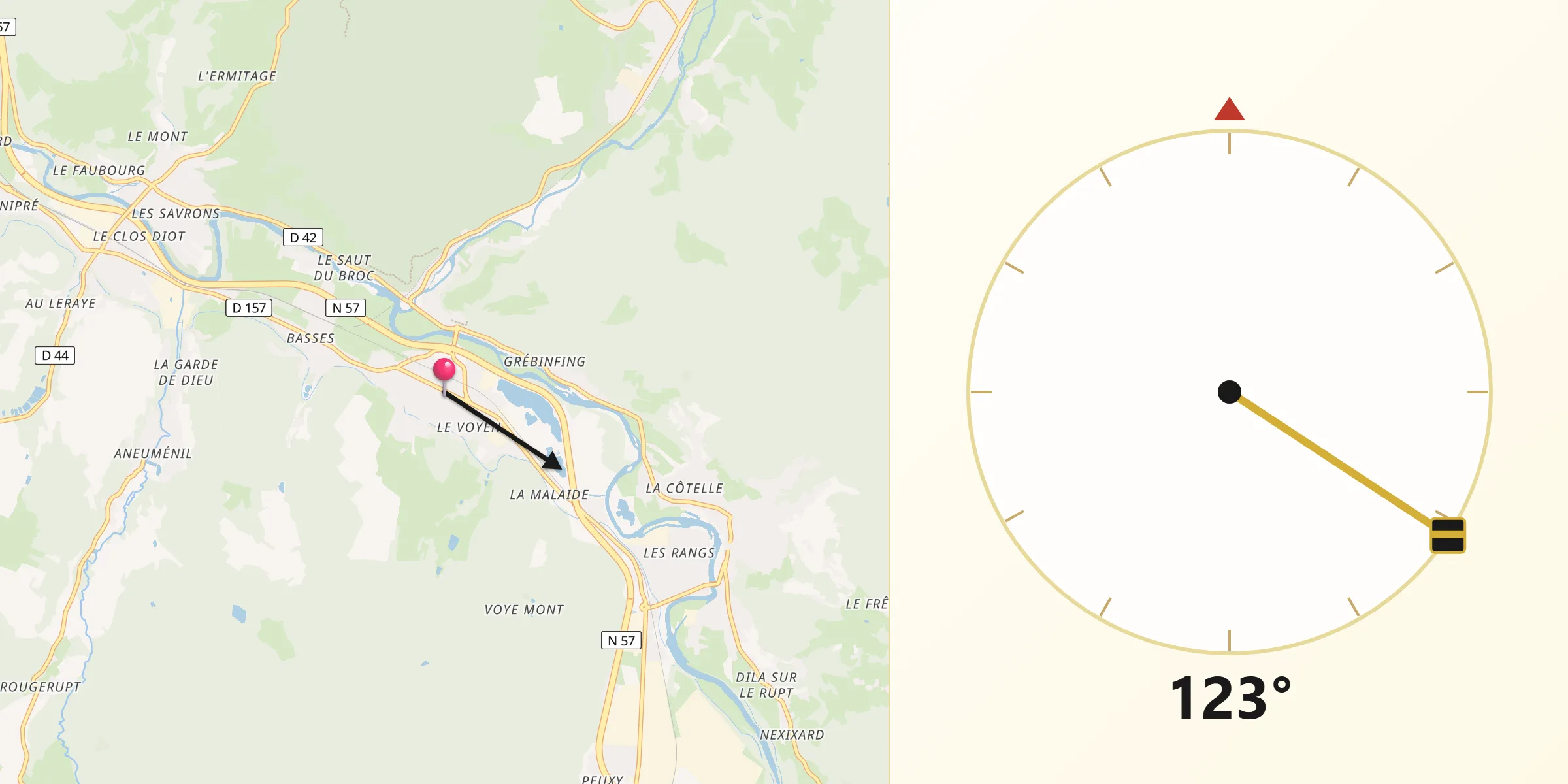 Direction vers la Qibla depuis Pouxeux