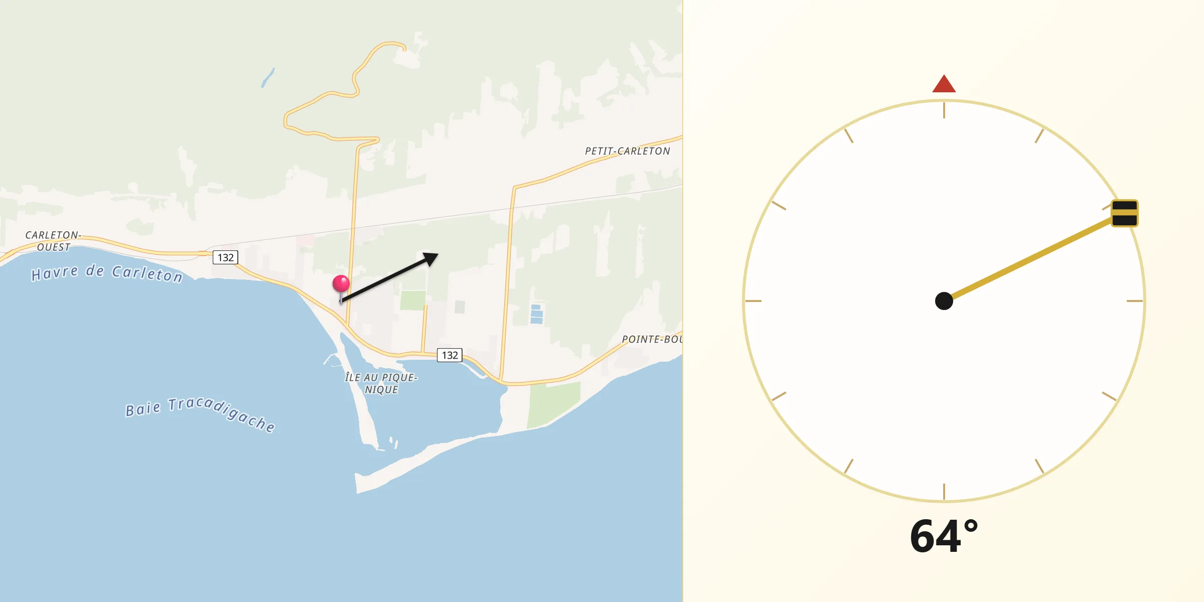 Qibla Direction from Carleton-sur-Mer