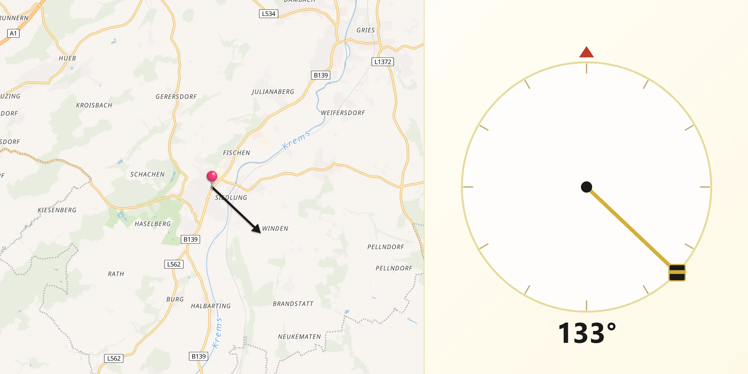Qibla-Richtung von Kematen an der Krems