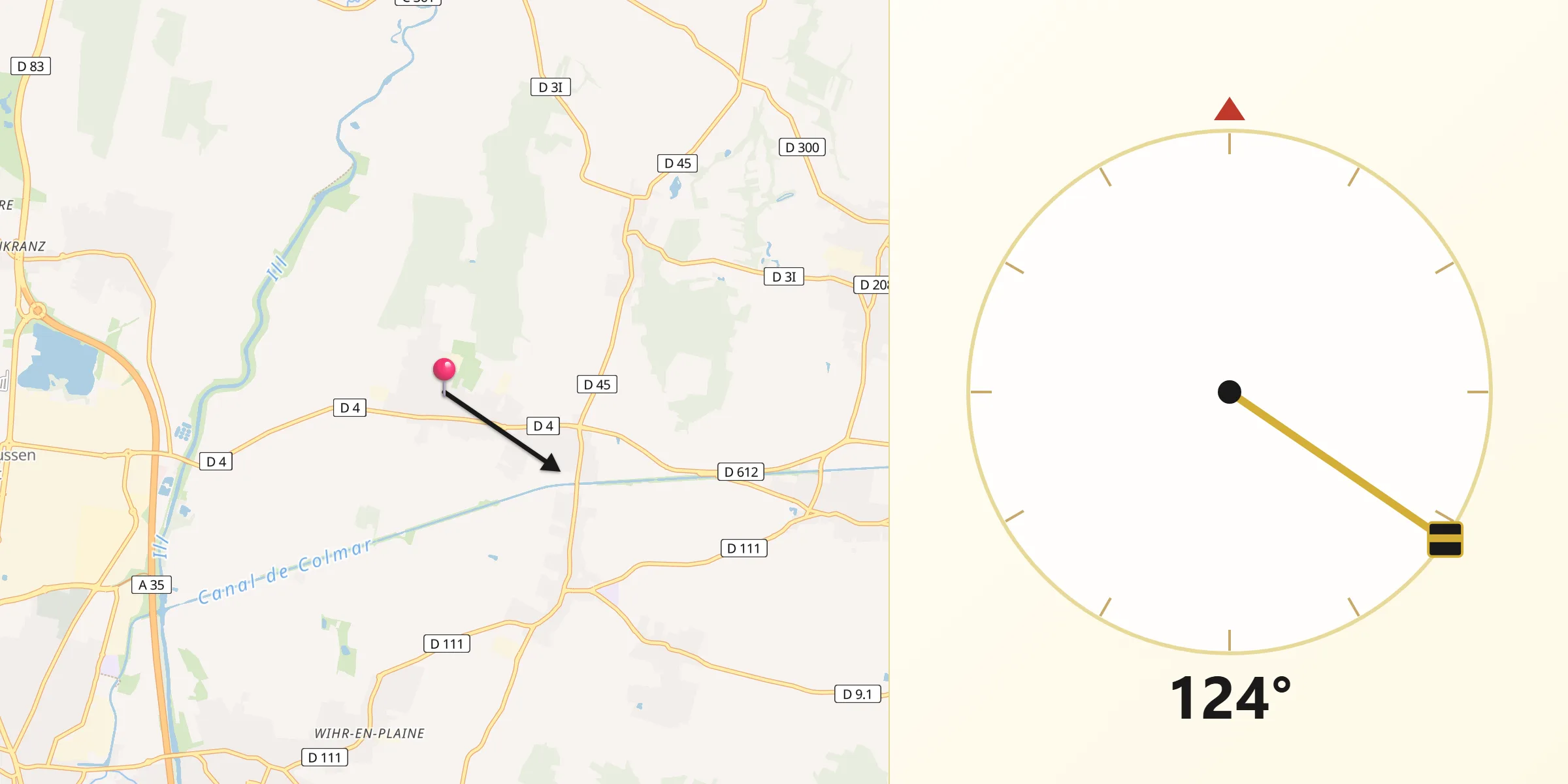 Direction vers la Qibla depuis Holtzwihr