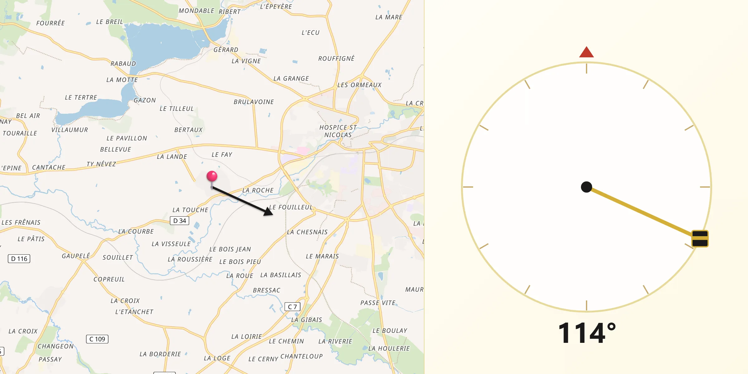 Direction vers la Qibla depuis Pocé-les-Bois