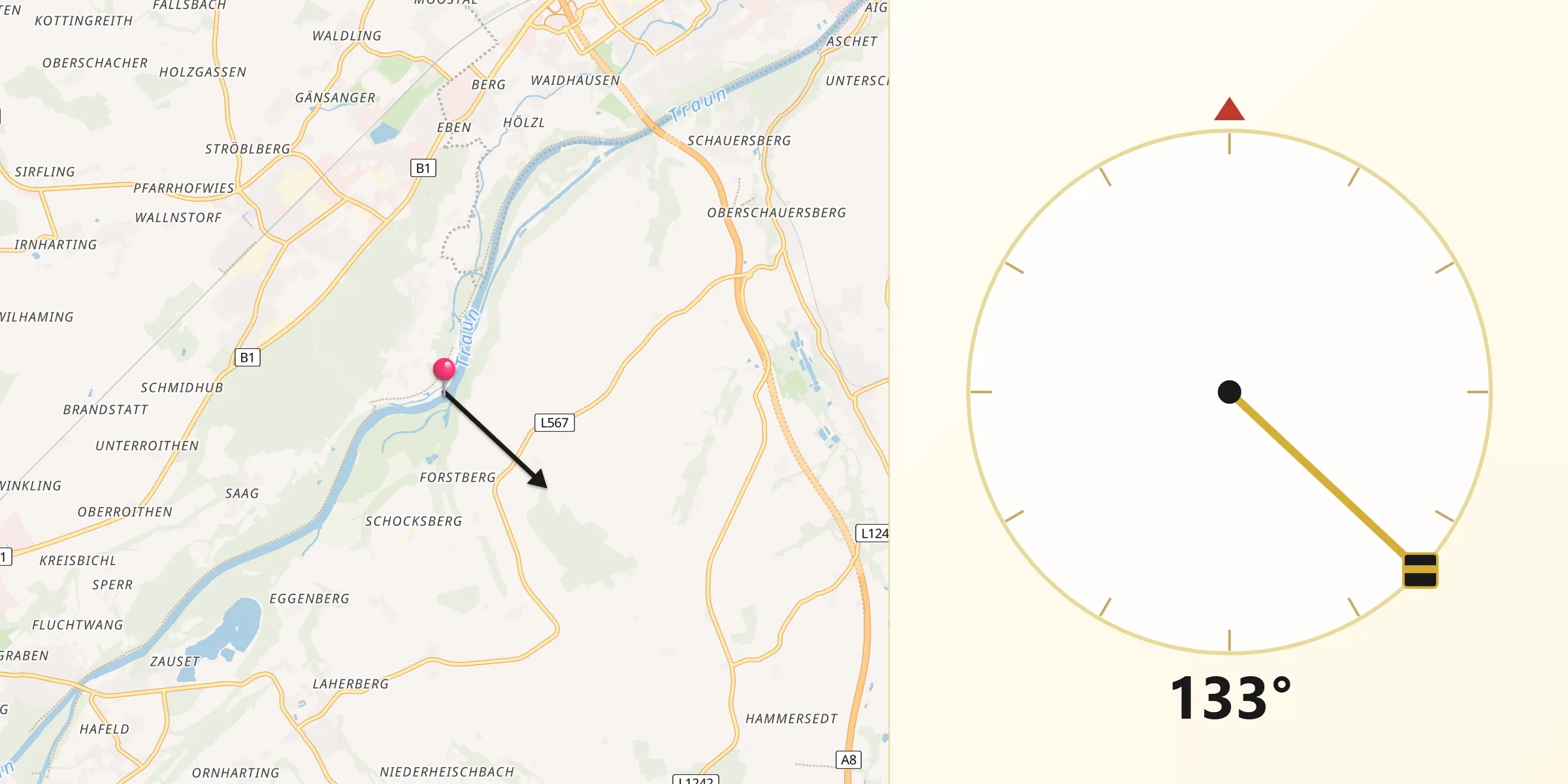 Qibla-Richtung von Wels-Land