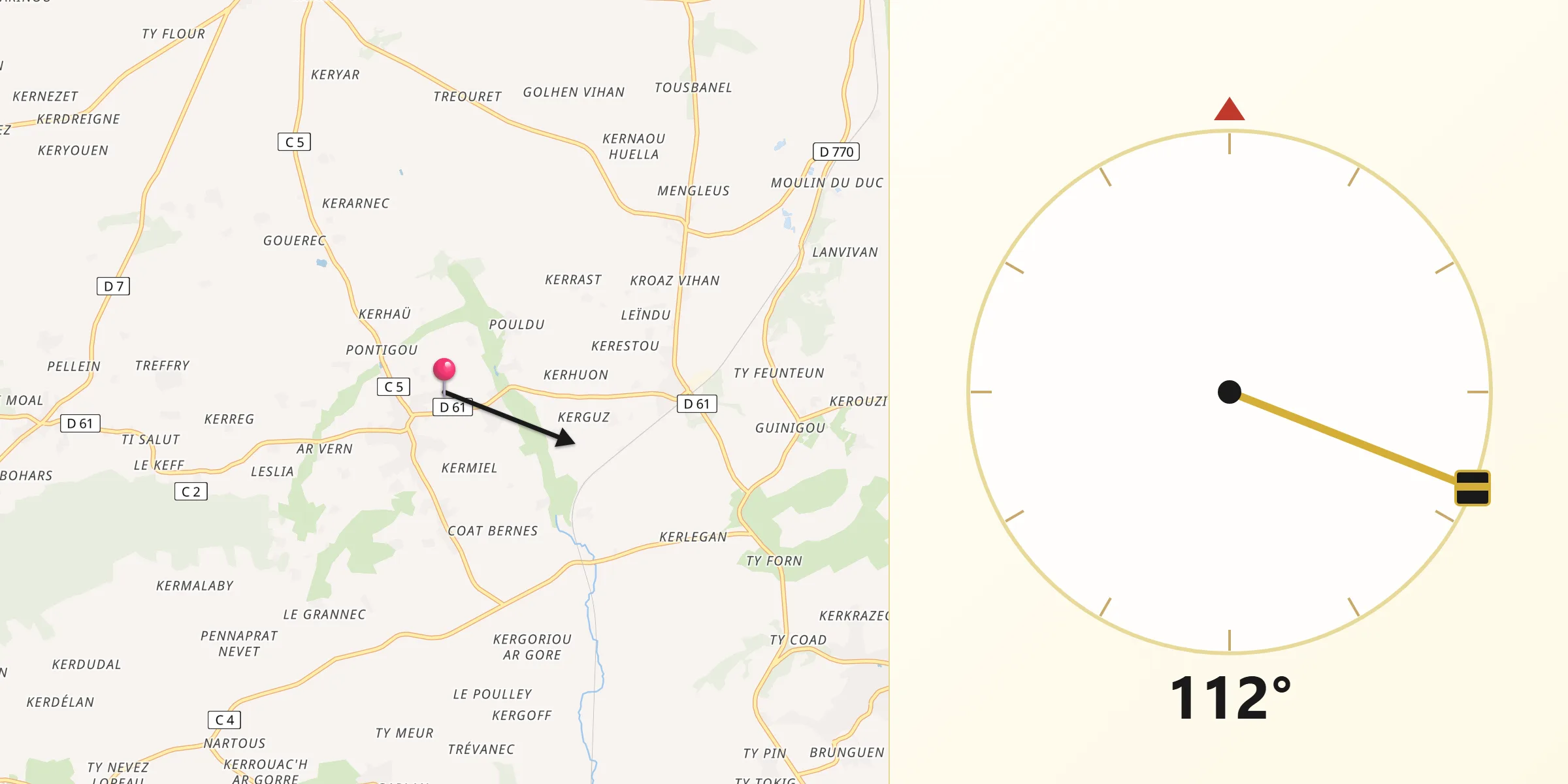 Direction vers la Qibla depuis Quéménéven