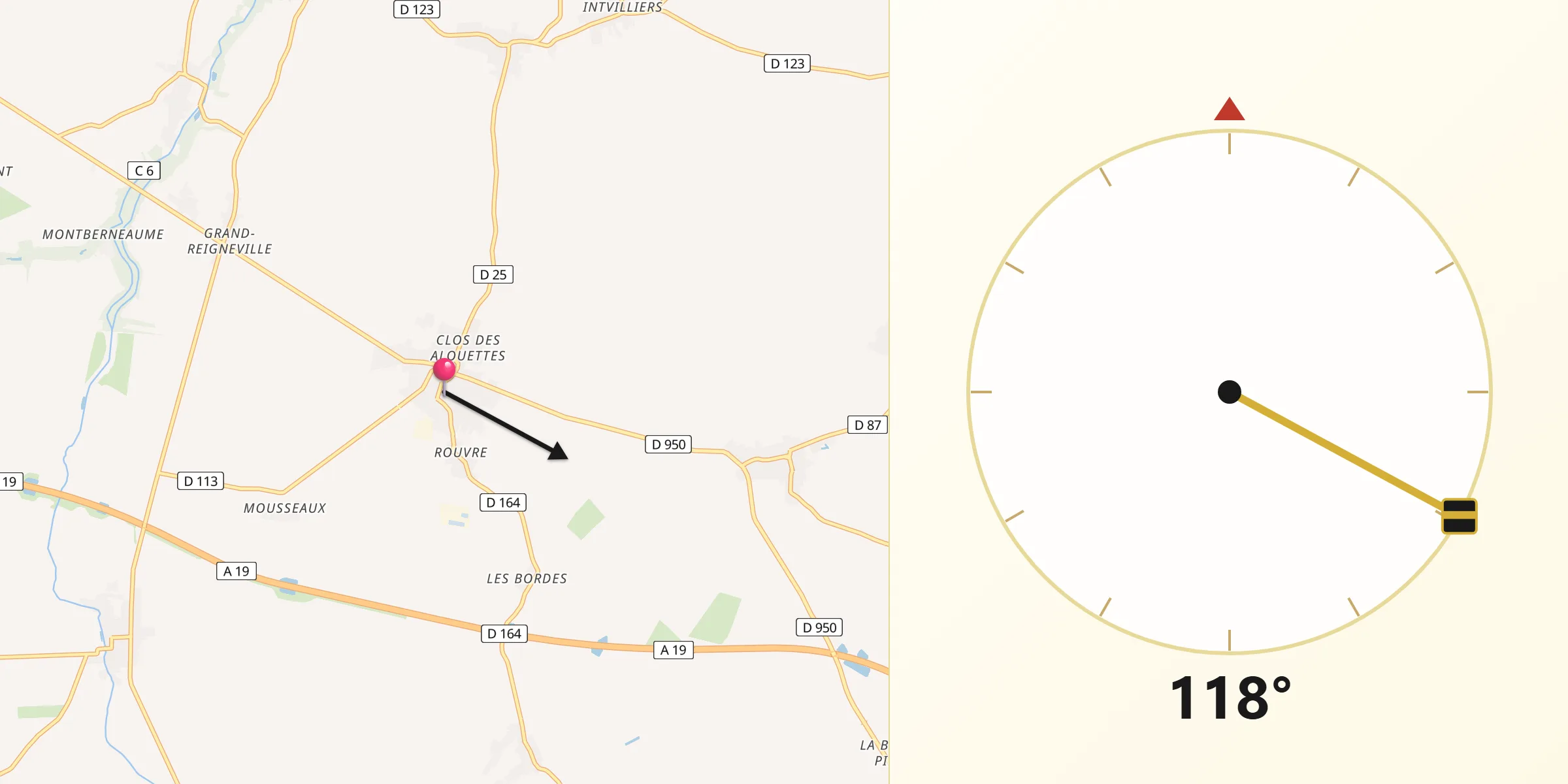 Direction vers la Qibla depuis Boynes