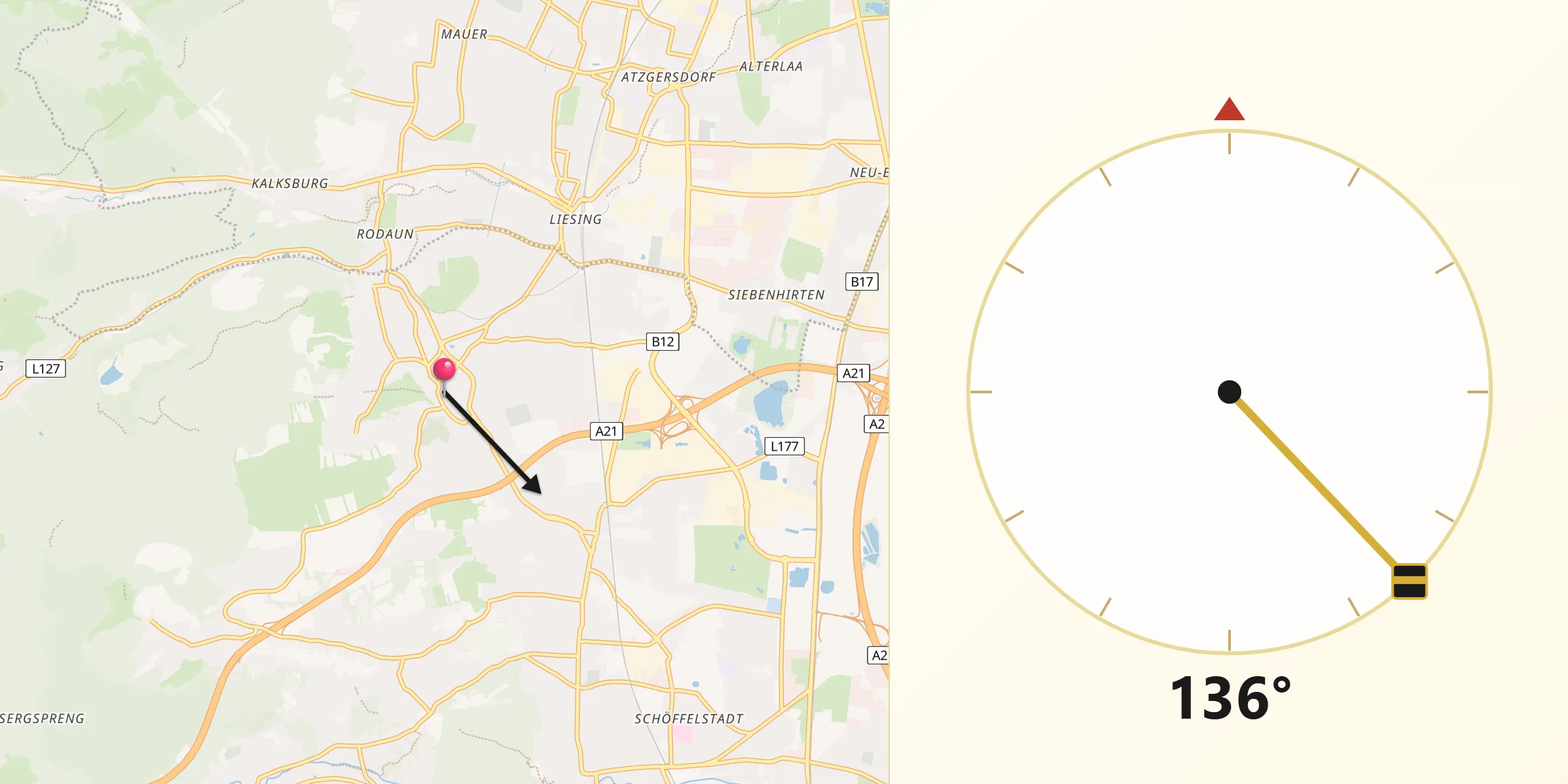 Qibla-Richtung von Perchtoldsdorf