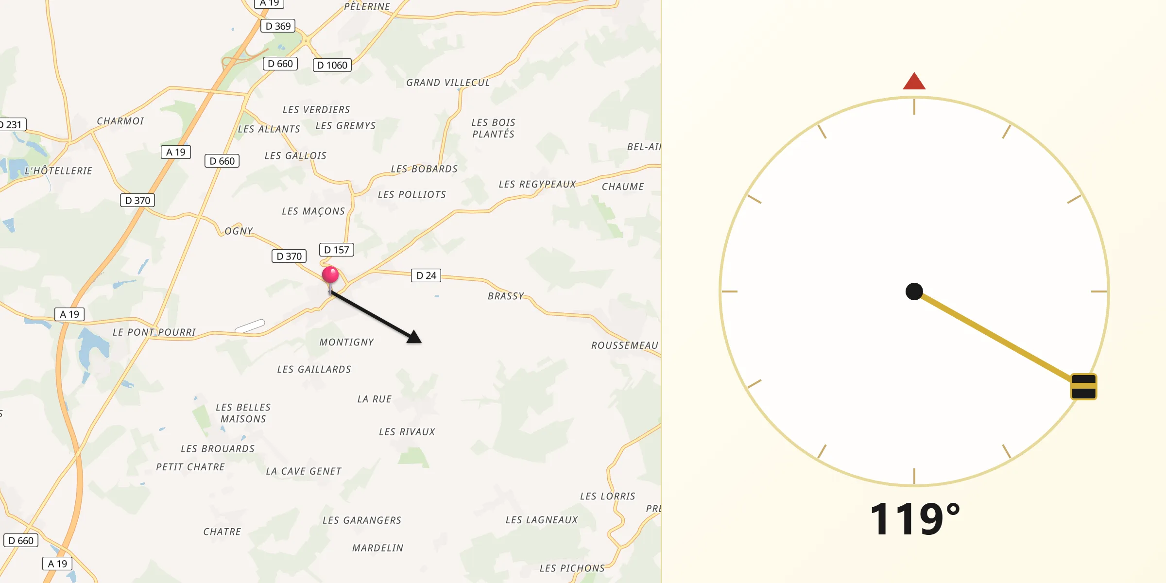 Direction vers la Qibla depuis Égriselles-le-Bocage