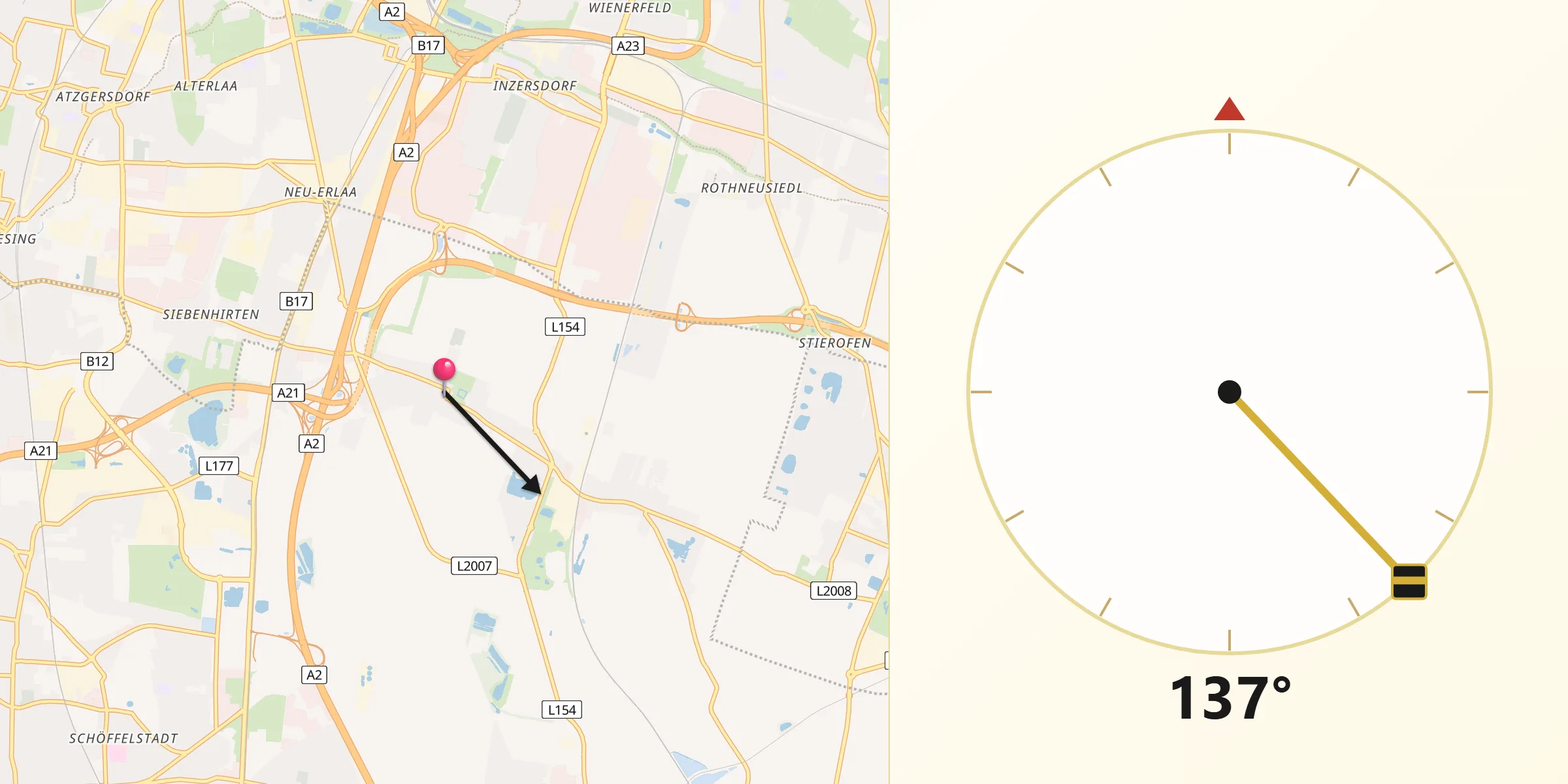 Qibla-Richtung von Vösendorf