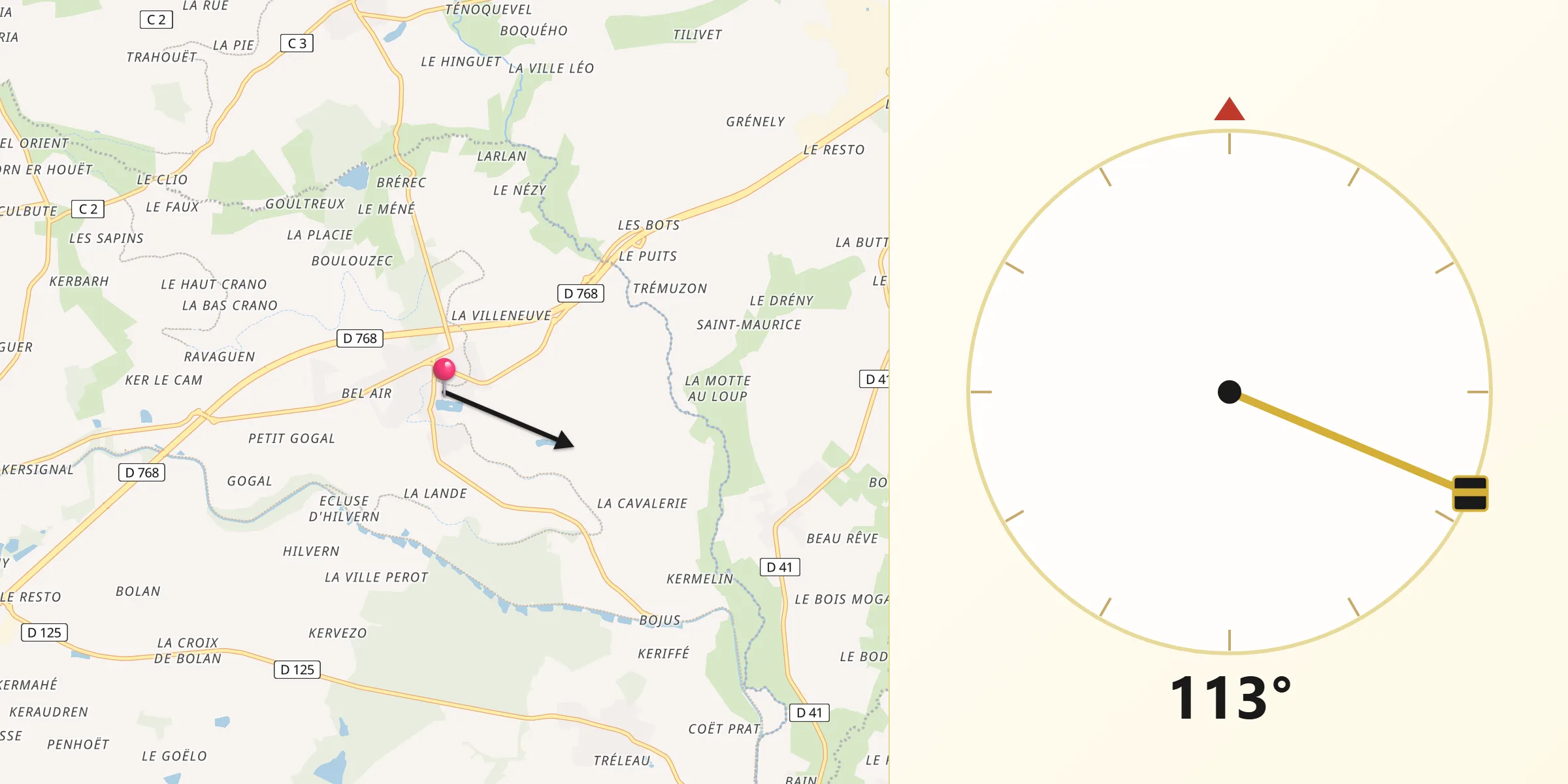 Direction vers la Qibla depuis Saint-Gonnery