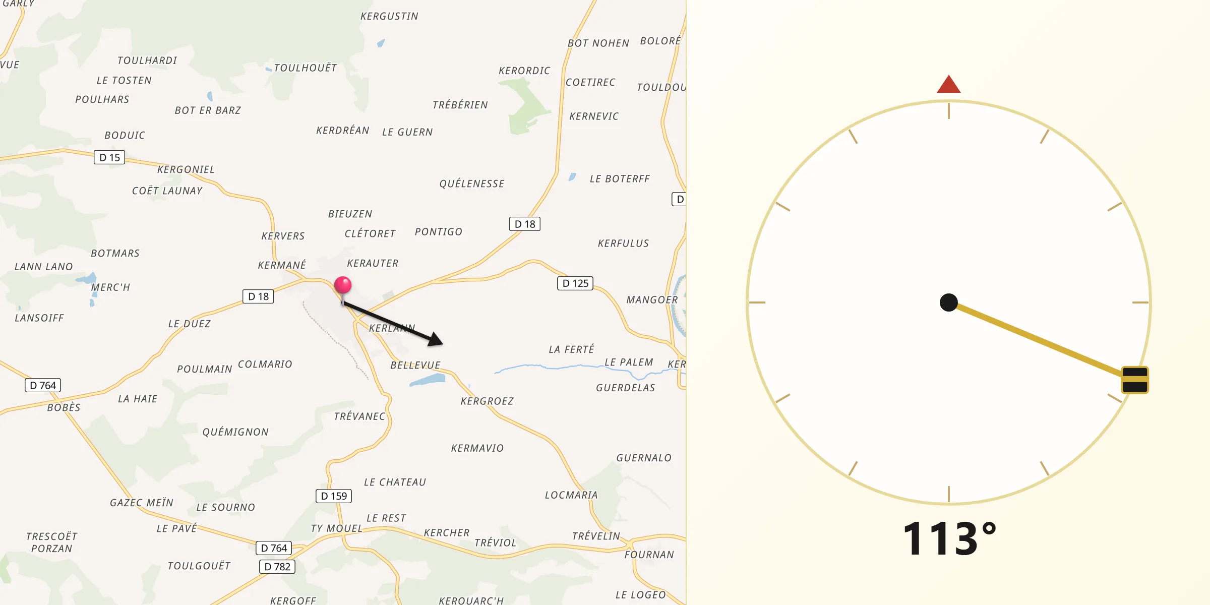 Direction vers la Qibla depuis Cléguérec