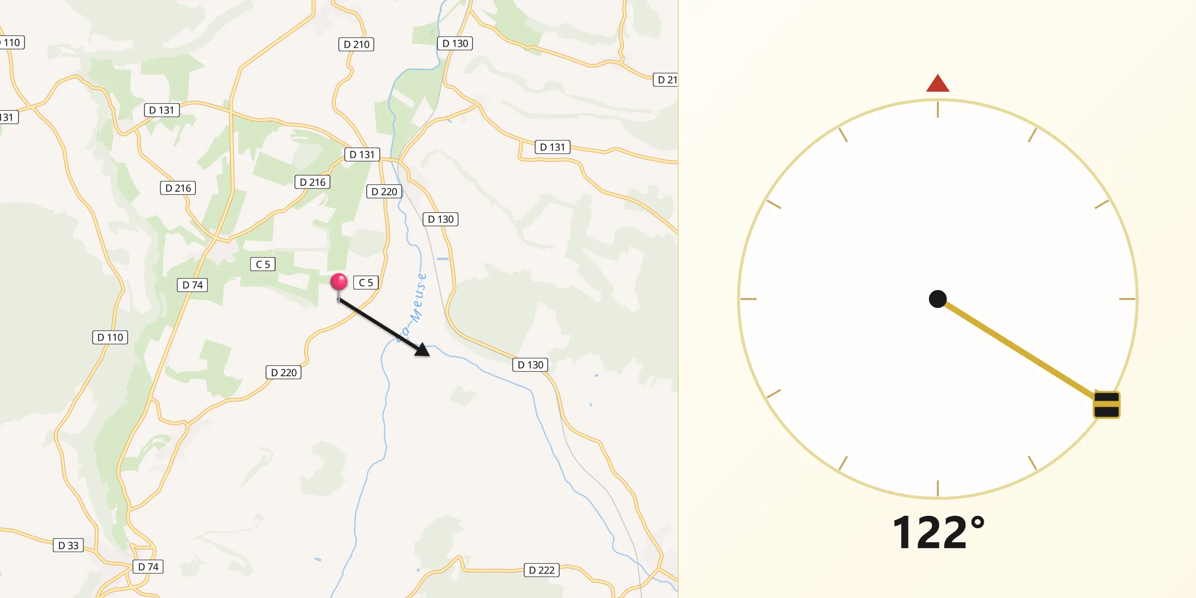 Direction vers la Qibla depuis Champigneulles-en-Bassigny