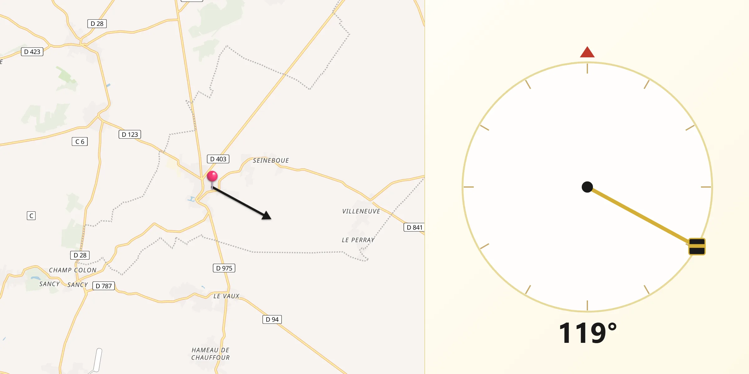 Direction vers la Qibla depuis Beaumont-du-Gâtinais