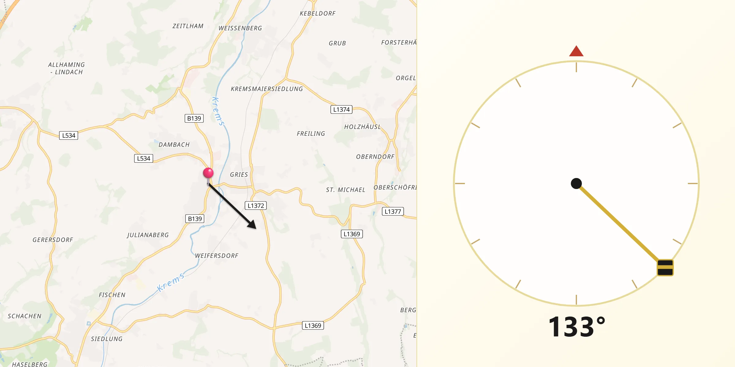 Qibla-Richtung von Neuhofen an der Krems