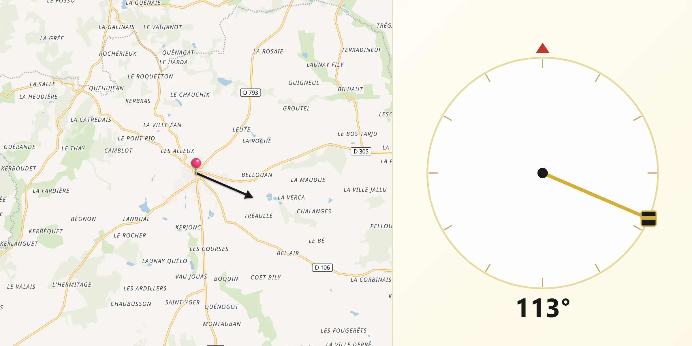 Direction vers la Qibla depuis Ménéac