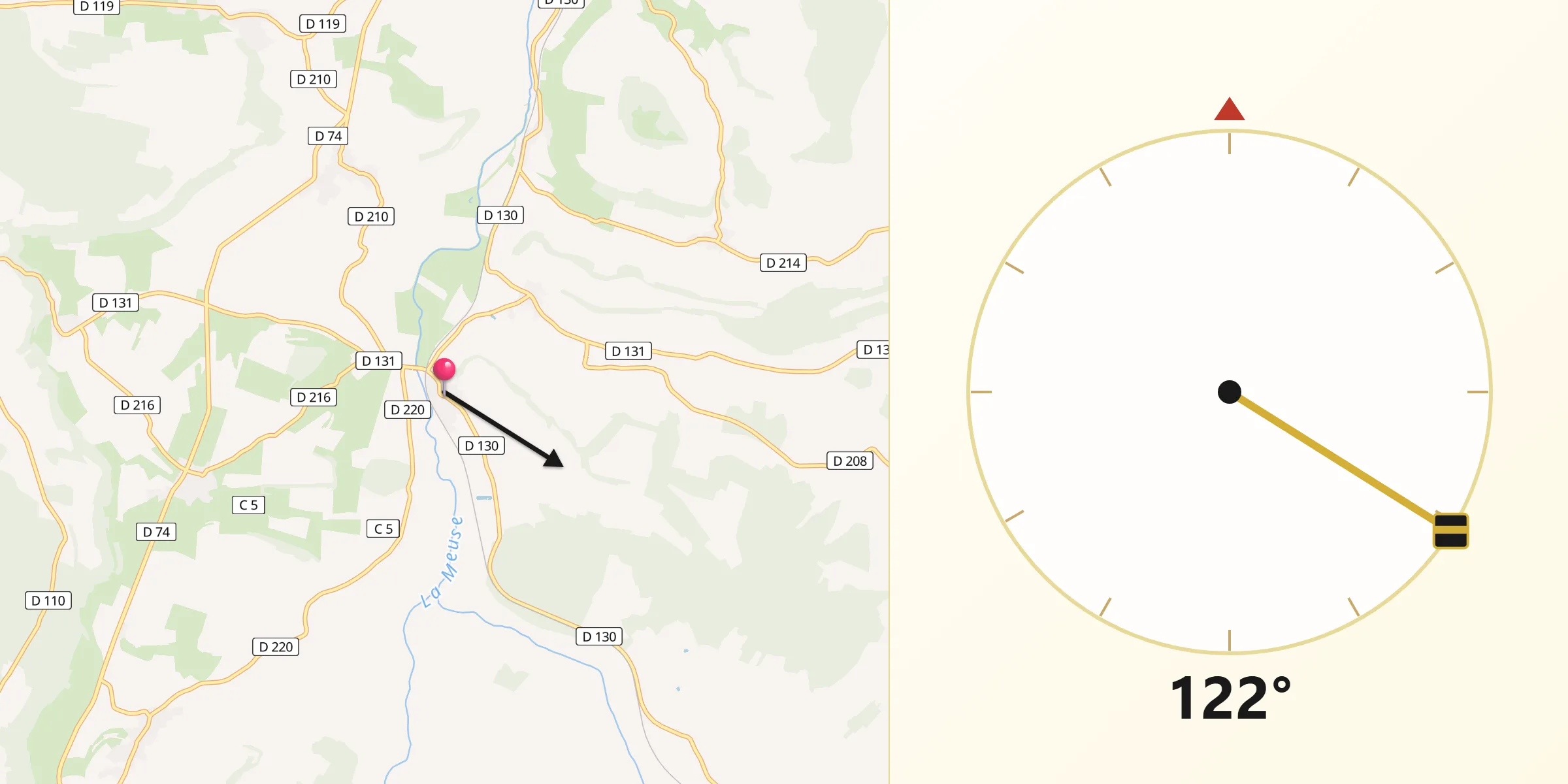 Direction vers la Qibla depuis Doncourt-sur-Meuse
