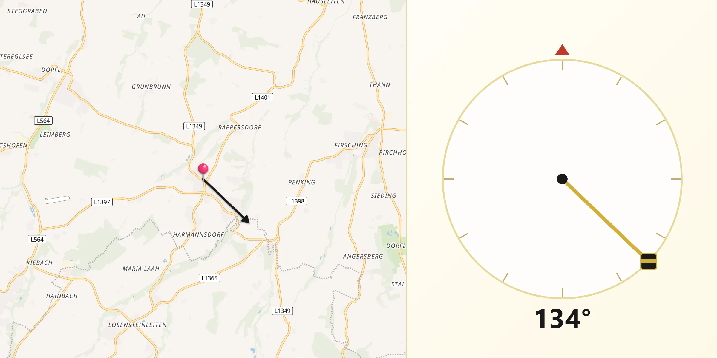 Qibla-Richtung von Hofkirchen im Traunkreis