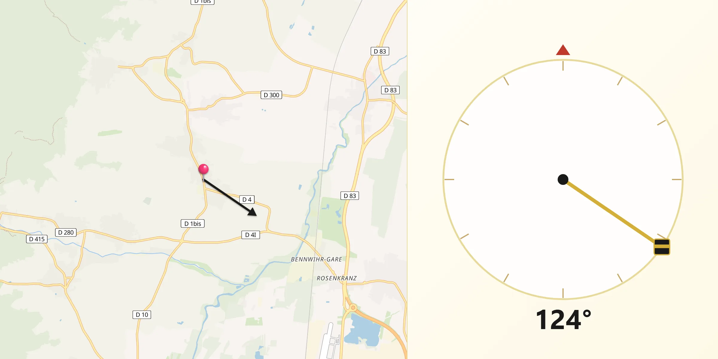 Direction vers la Qibla depuis Bennwihr
