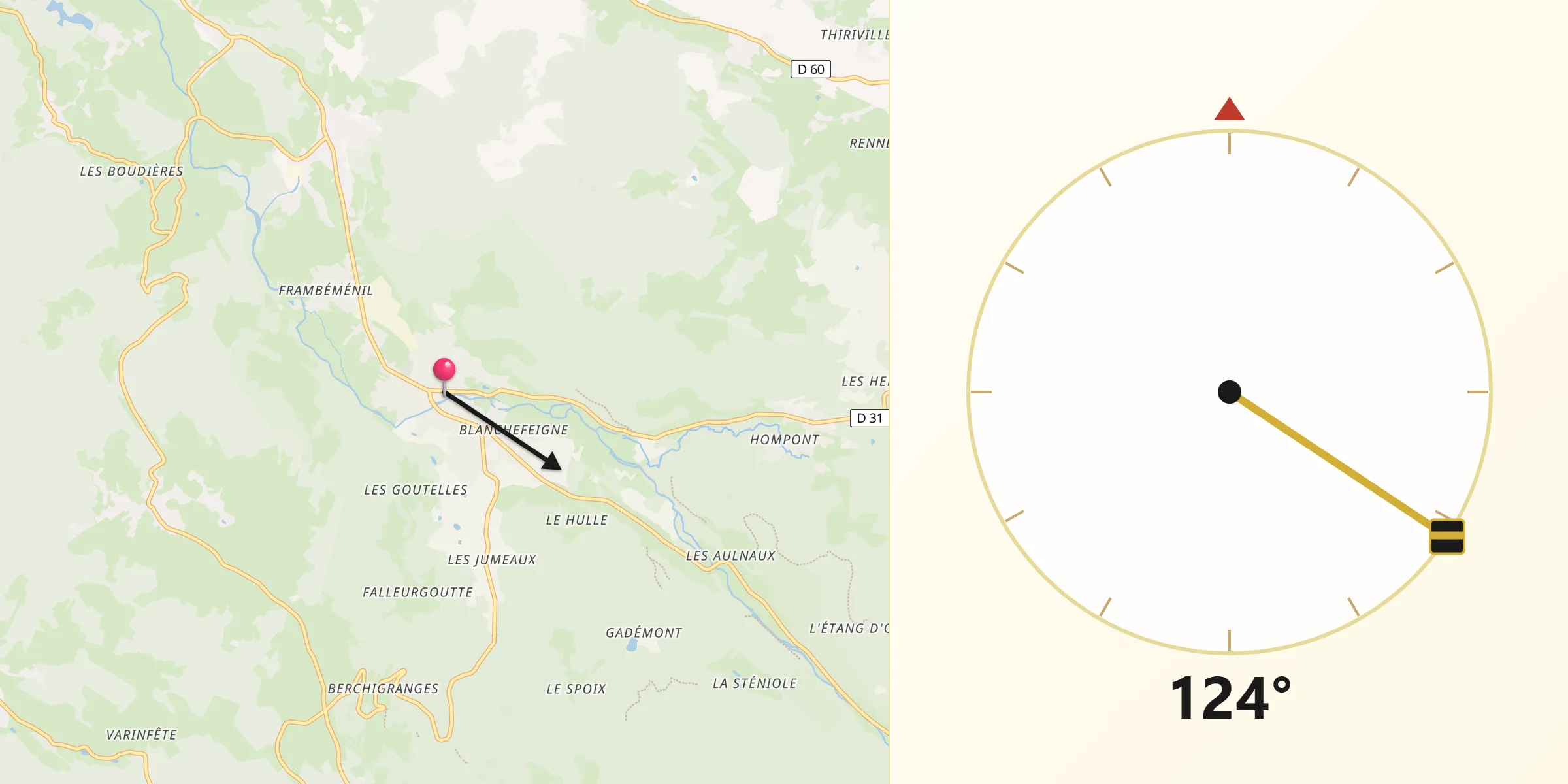 Direction vers la Qibla depuis Granges-sur-Vologne