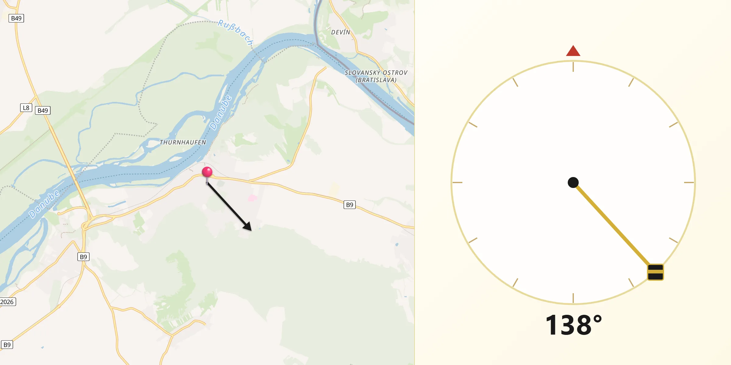 Qibla-Richtung von Hainburg an der Donau