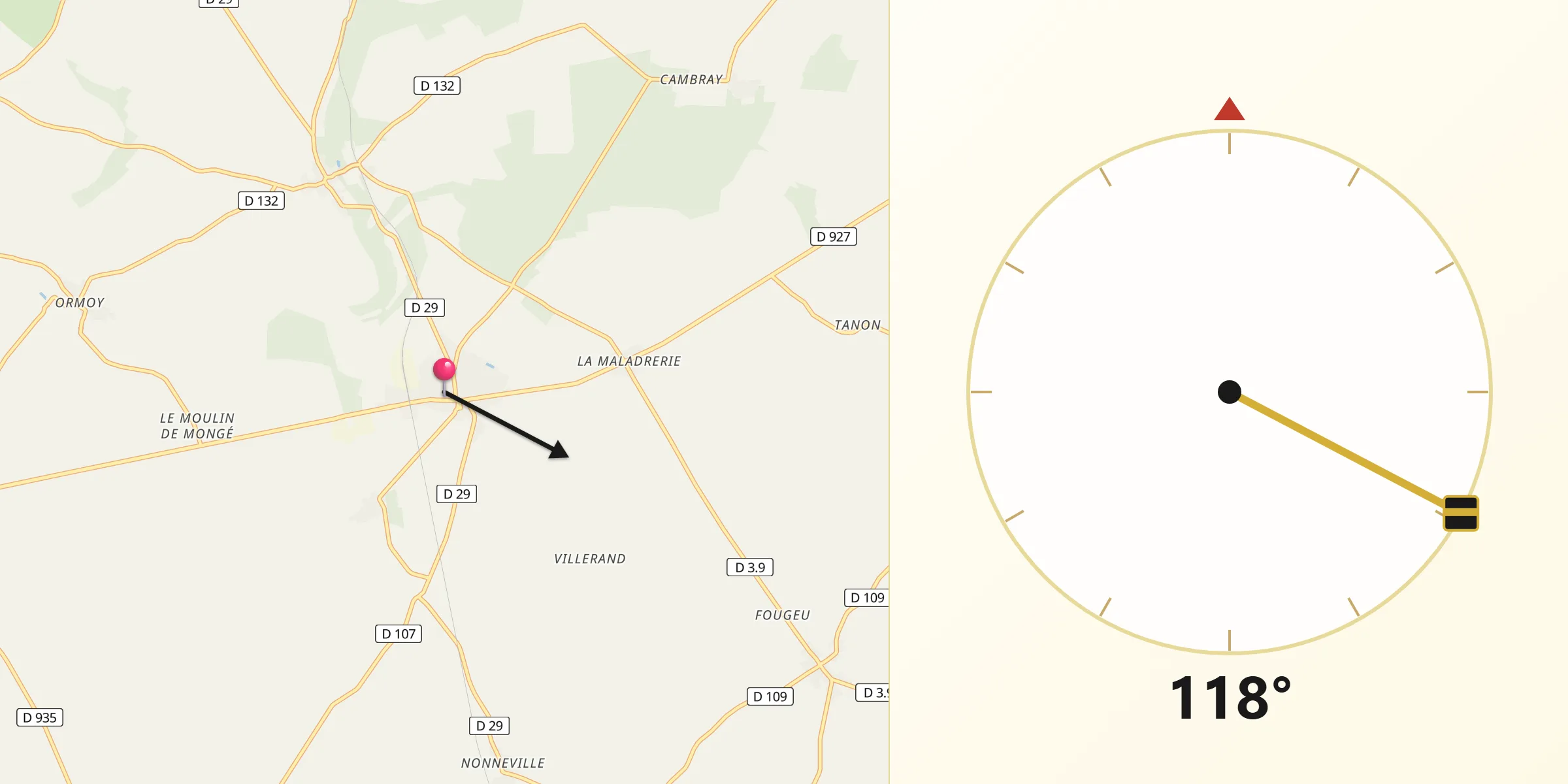 Direction vers la Qibla depuis Orgères-en-Beauce