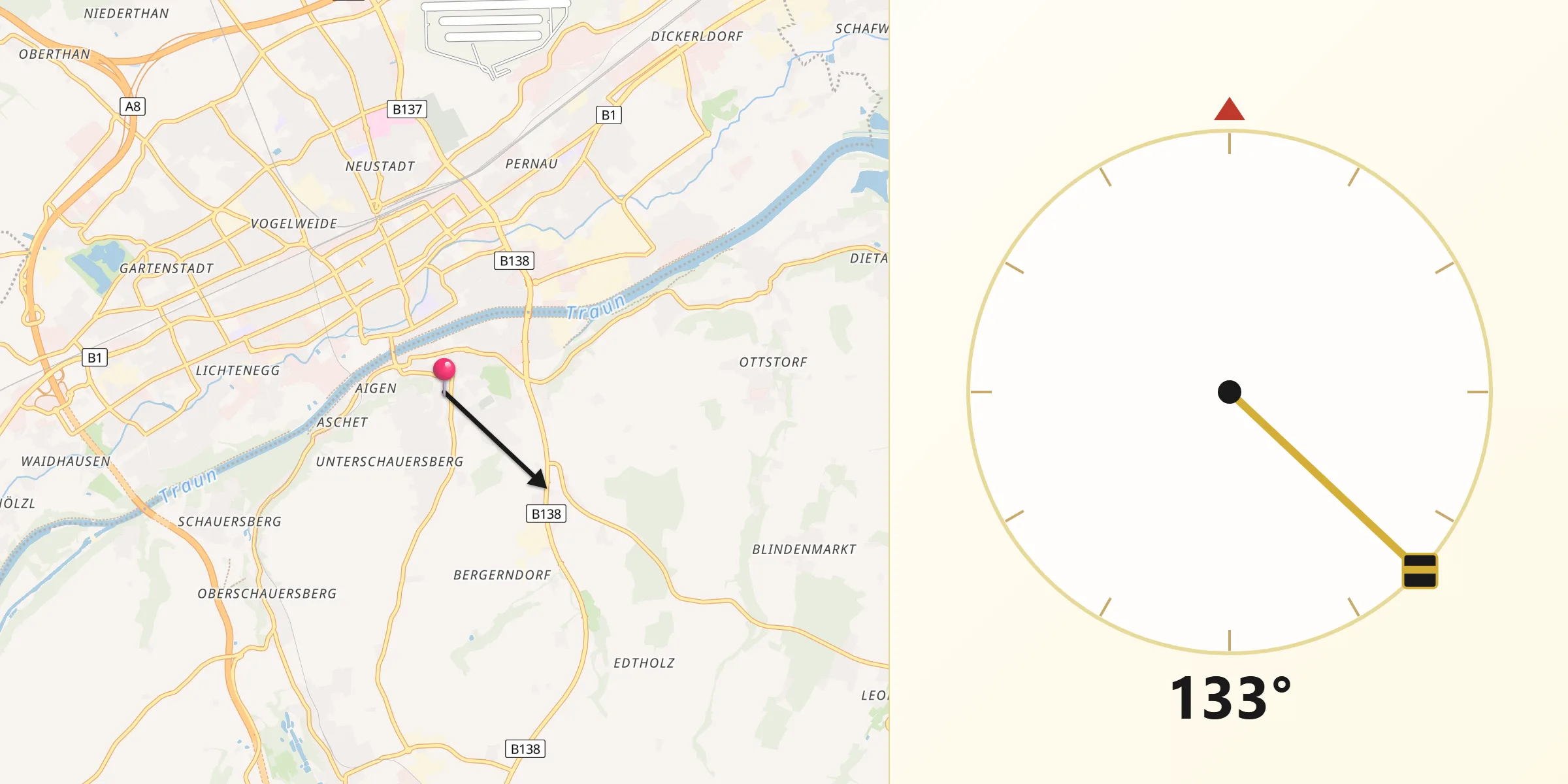Qibla-Richtung von Thalheim bei Wels