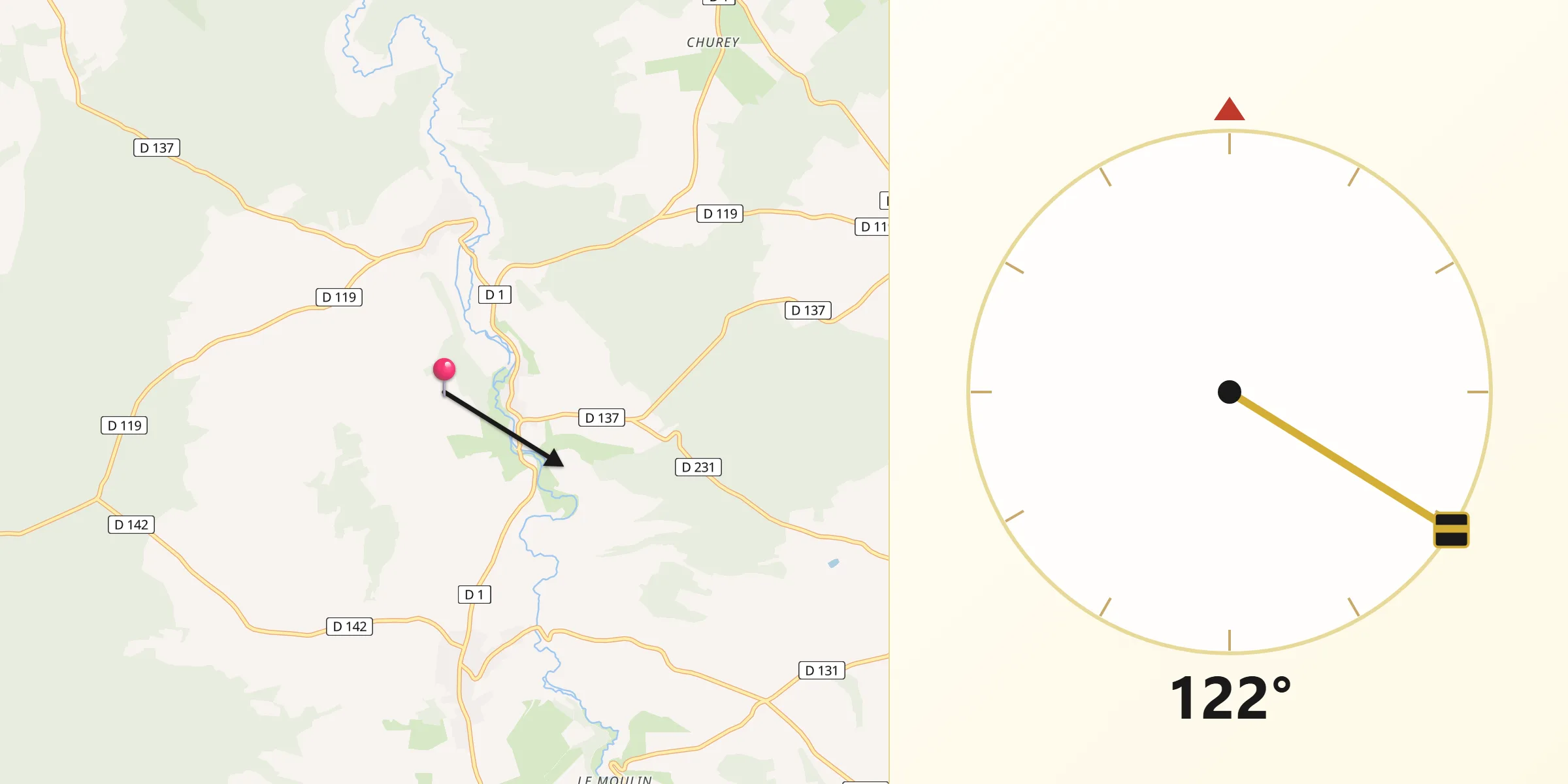Direction vers la Qibla depuis Forcey