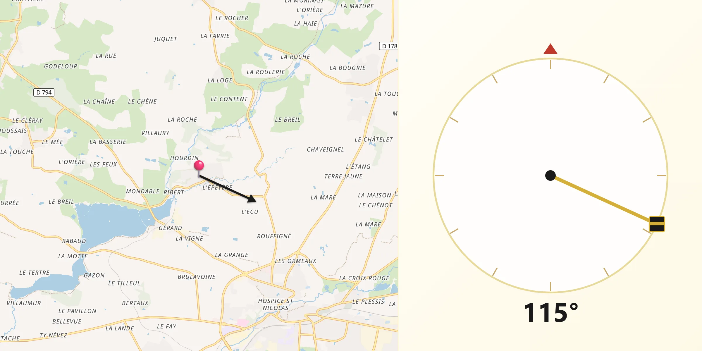 Direction vers la Qibla depuis Montreuil-sous-Pérouse