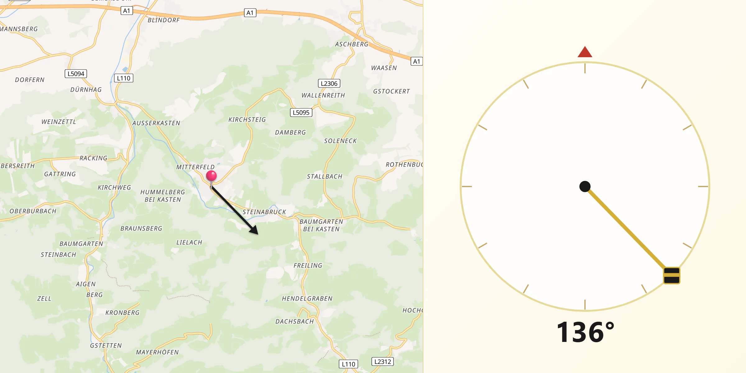 Qibla-Richtung von Kasten bei Böheimkirchen