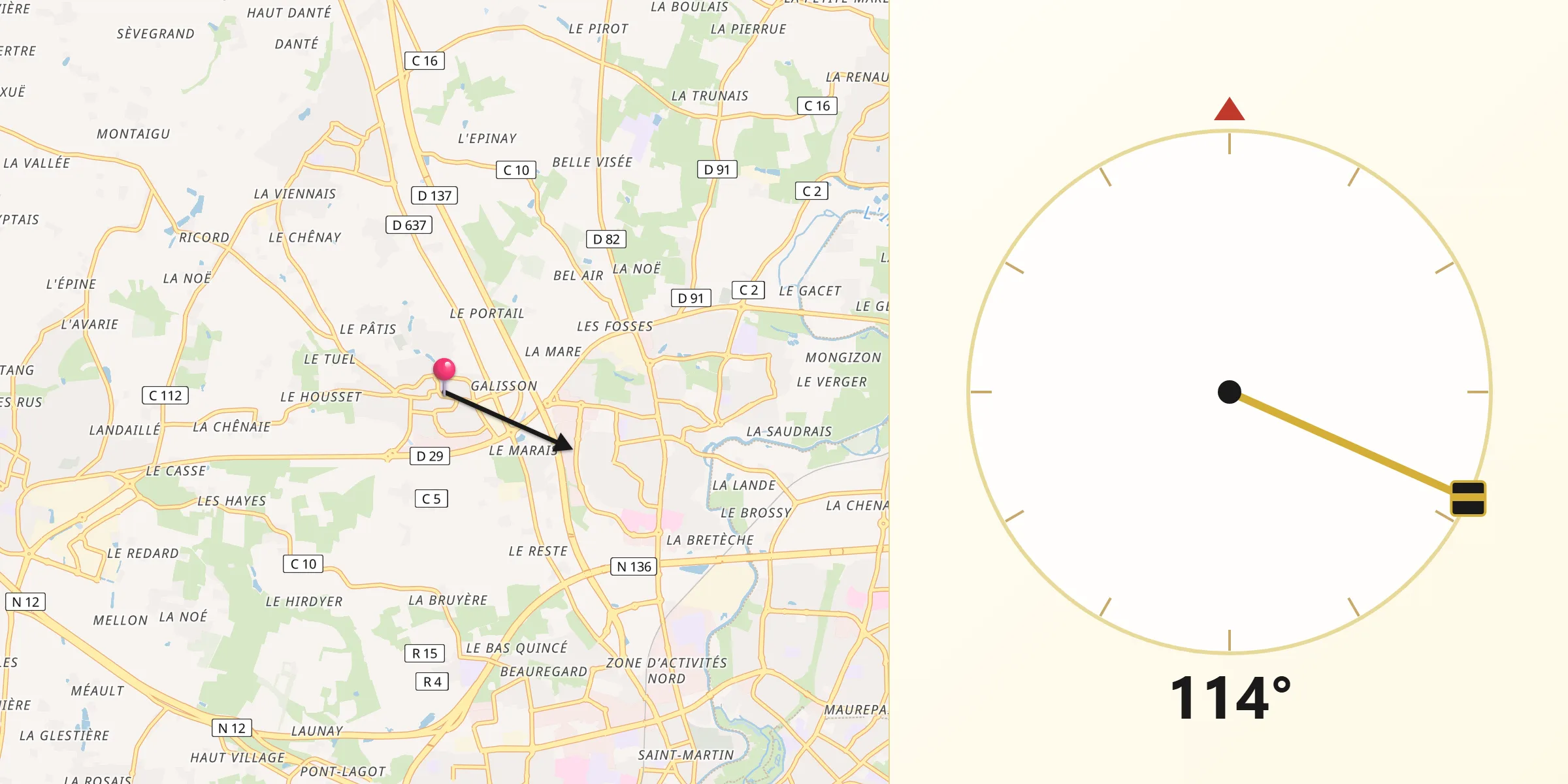 Direction vers la Qibla depuis Montgermont