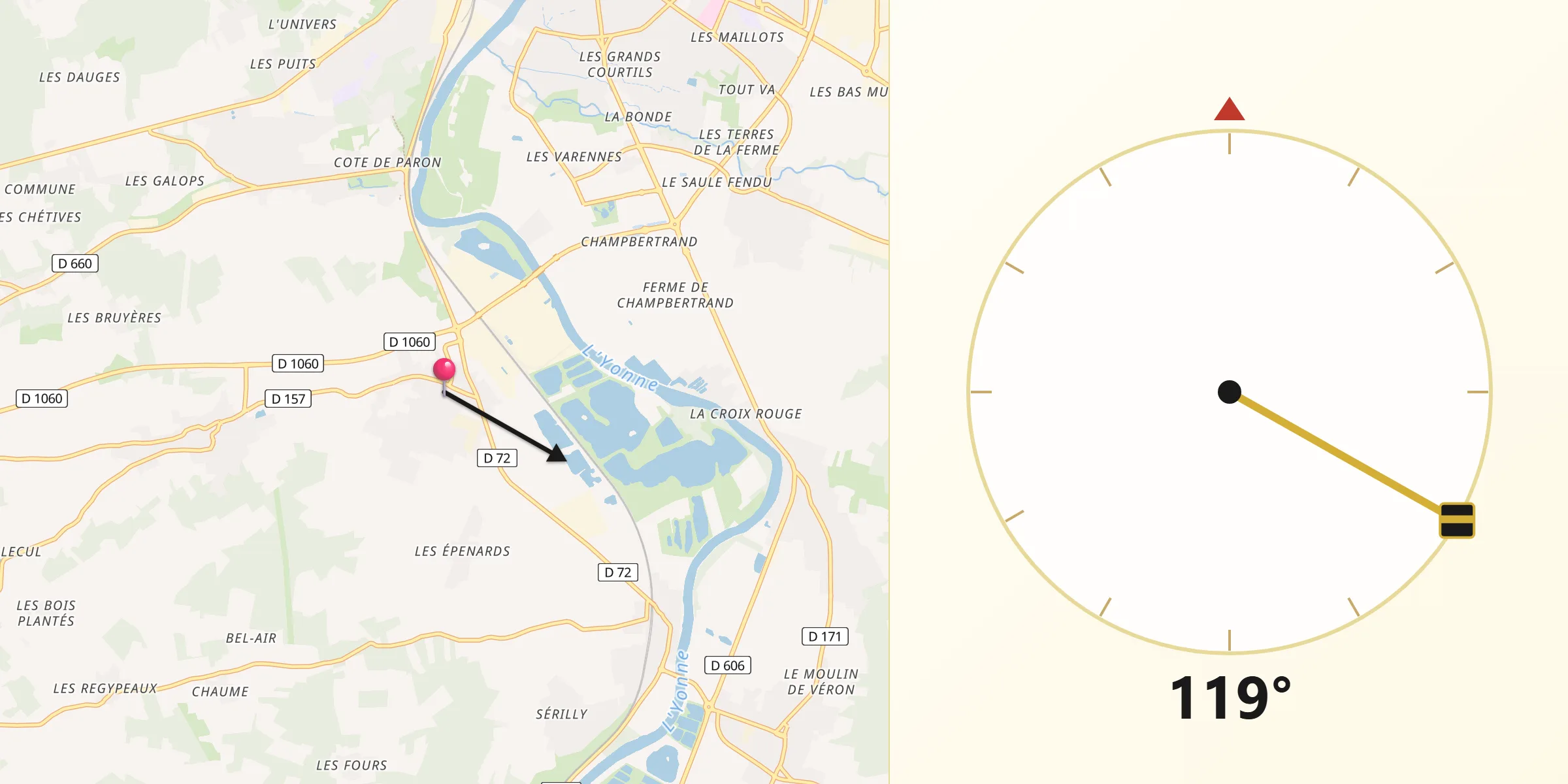 Direction vers la Qibla depuis Gron